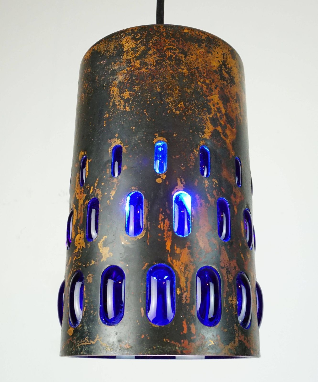 photo vinterior Mid Century Pendant Lamp In Flamed Copper And Blue Glass From The 1960s, 3 Available