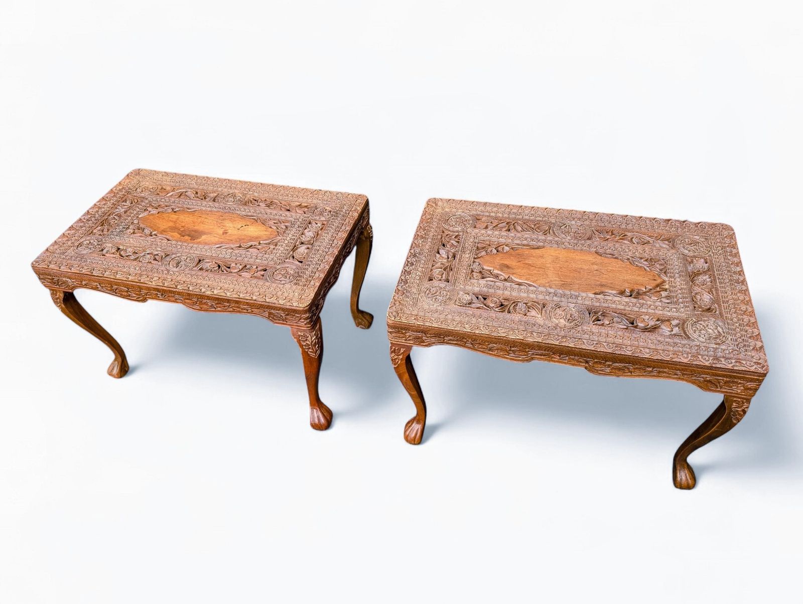 Pair Of Anglo Indian Carved Side Tables, Colonial Low Bedside Tables, C.1900–1925 photo Furniture