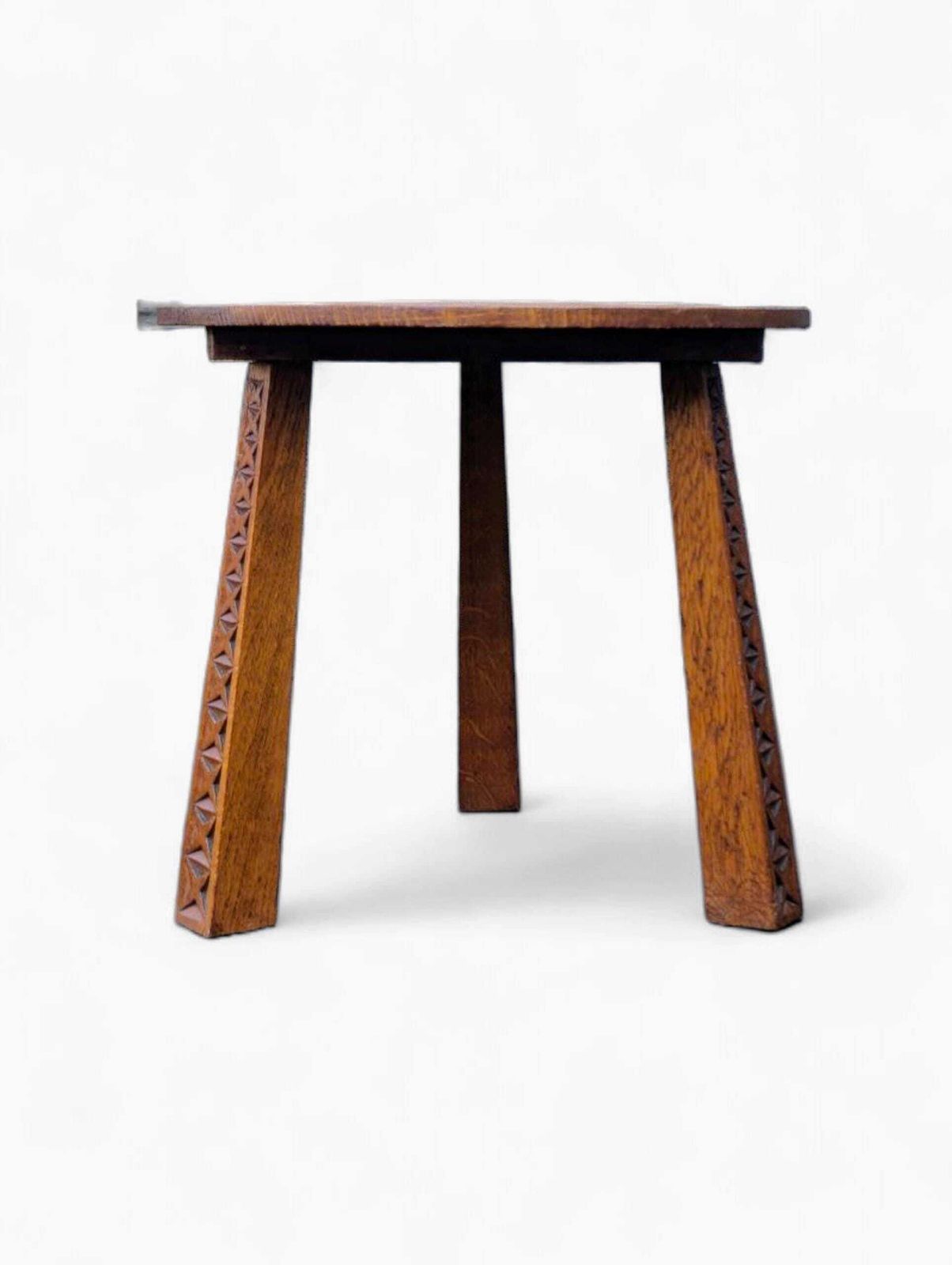 Arts & Crafts Oak Side Table: Carved Geometric Top, Chip Carved Legs photo for sale