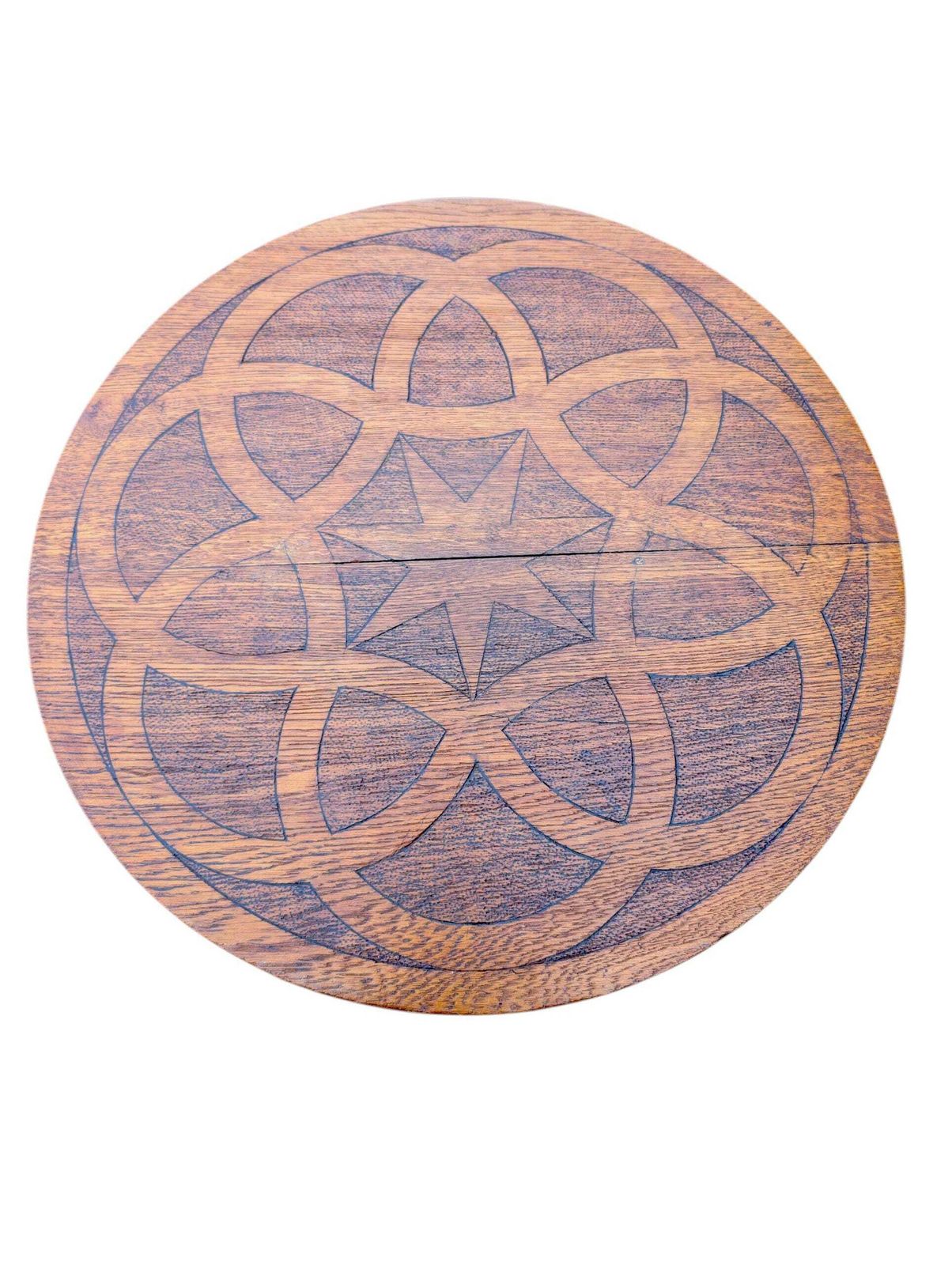 Arts & Crafts Oak Side Table: Carved Geometric Top, Chip Carved Legs photo vinterior