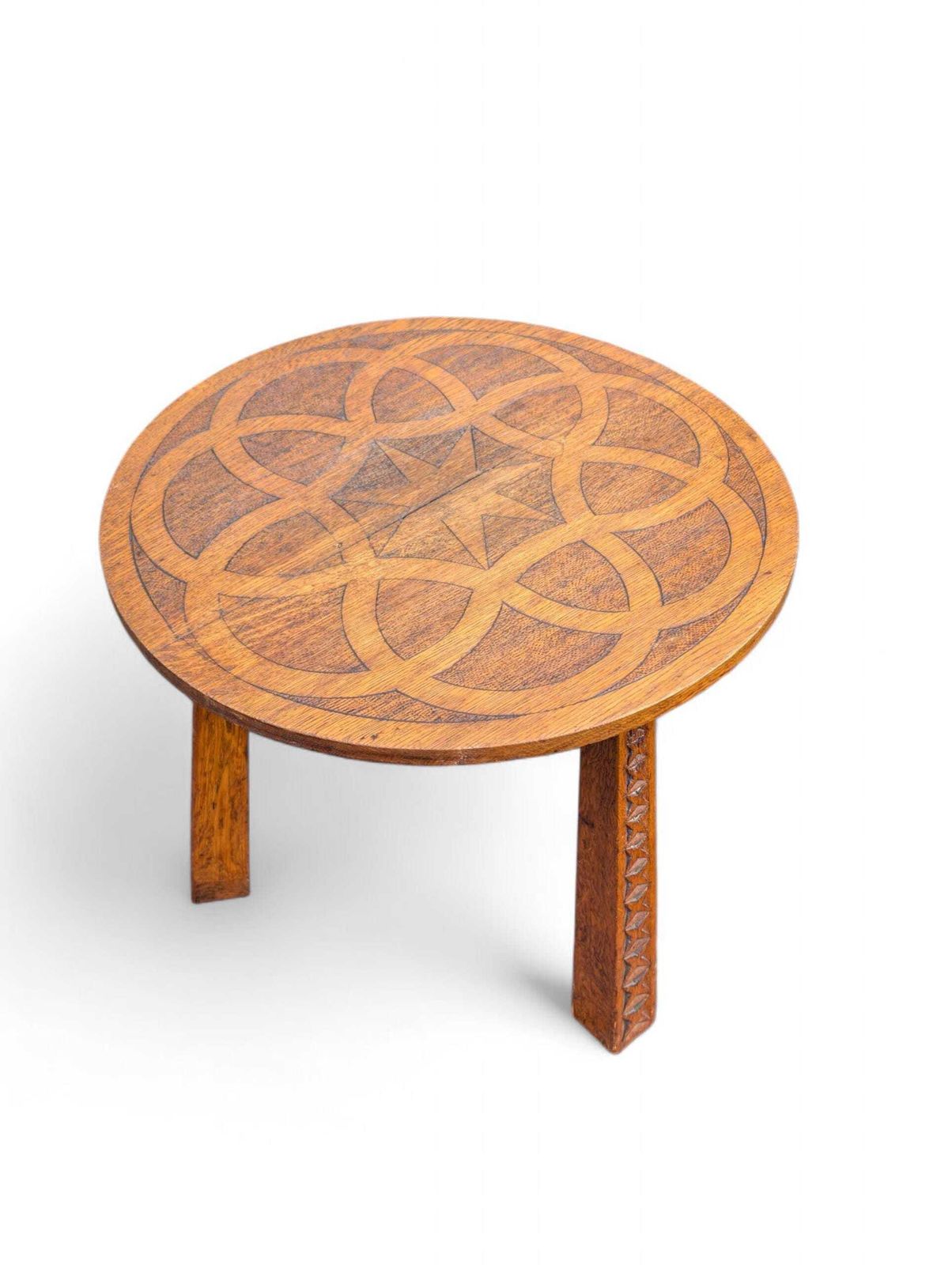 photo buy Arts & Crafts Oak Side Table: Carved Geometric Top, Chip Carved Legs