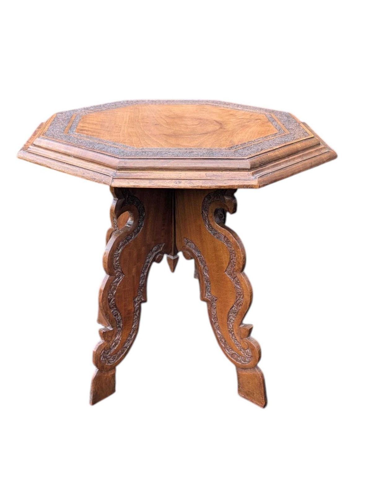 Anglo Indian Carved Side Table In Sheesham Wood With Octagonal Top photo Furniture