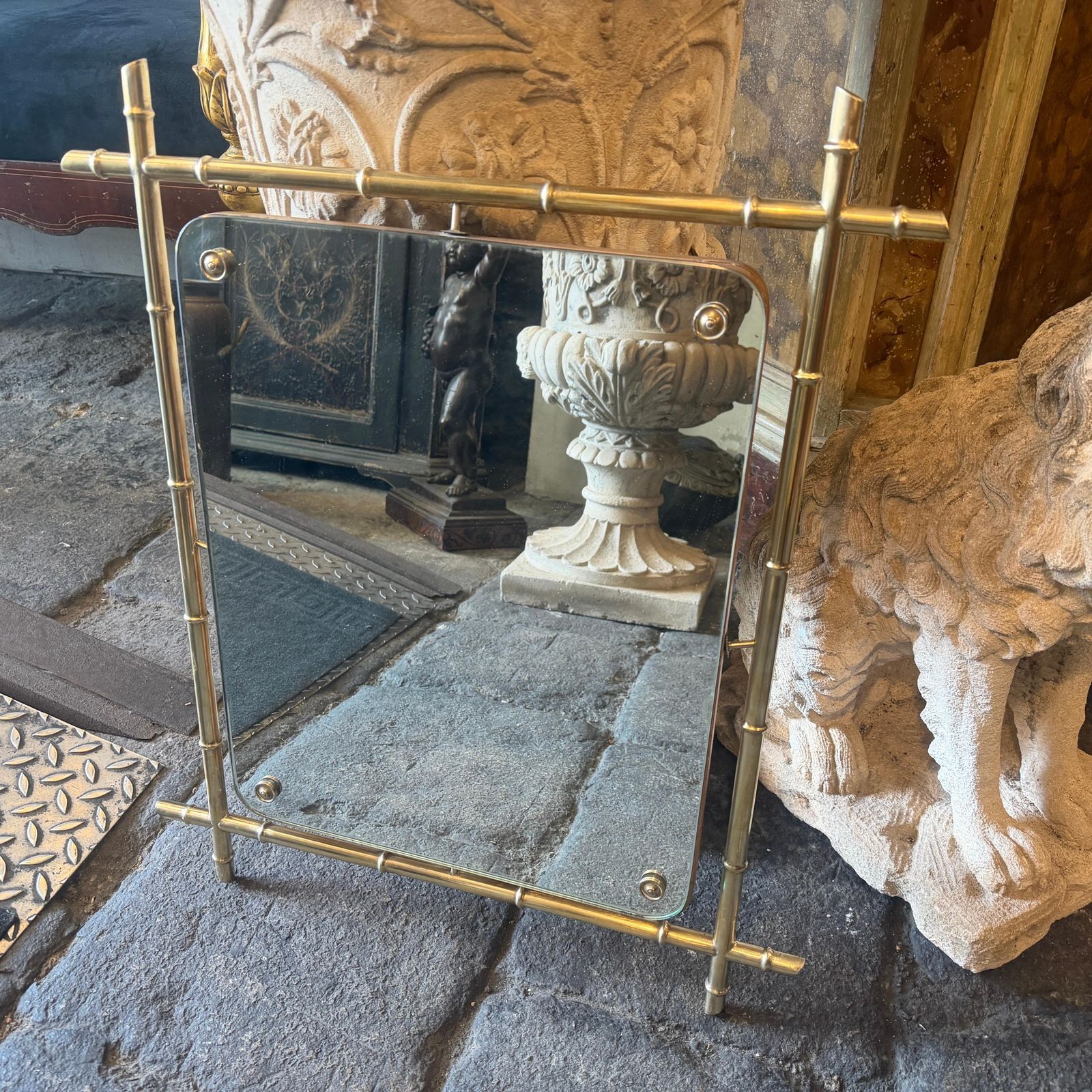 photo for sale 1960s Mid Century Modern Bamboo Shaped Brass Italian Wall Mirror