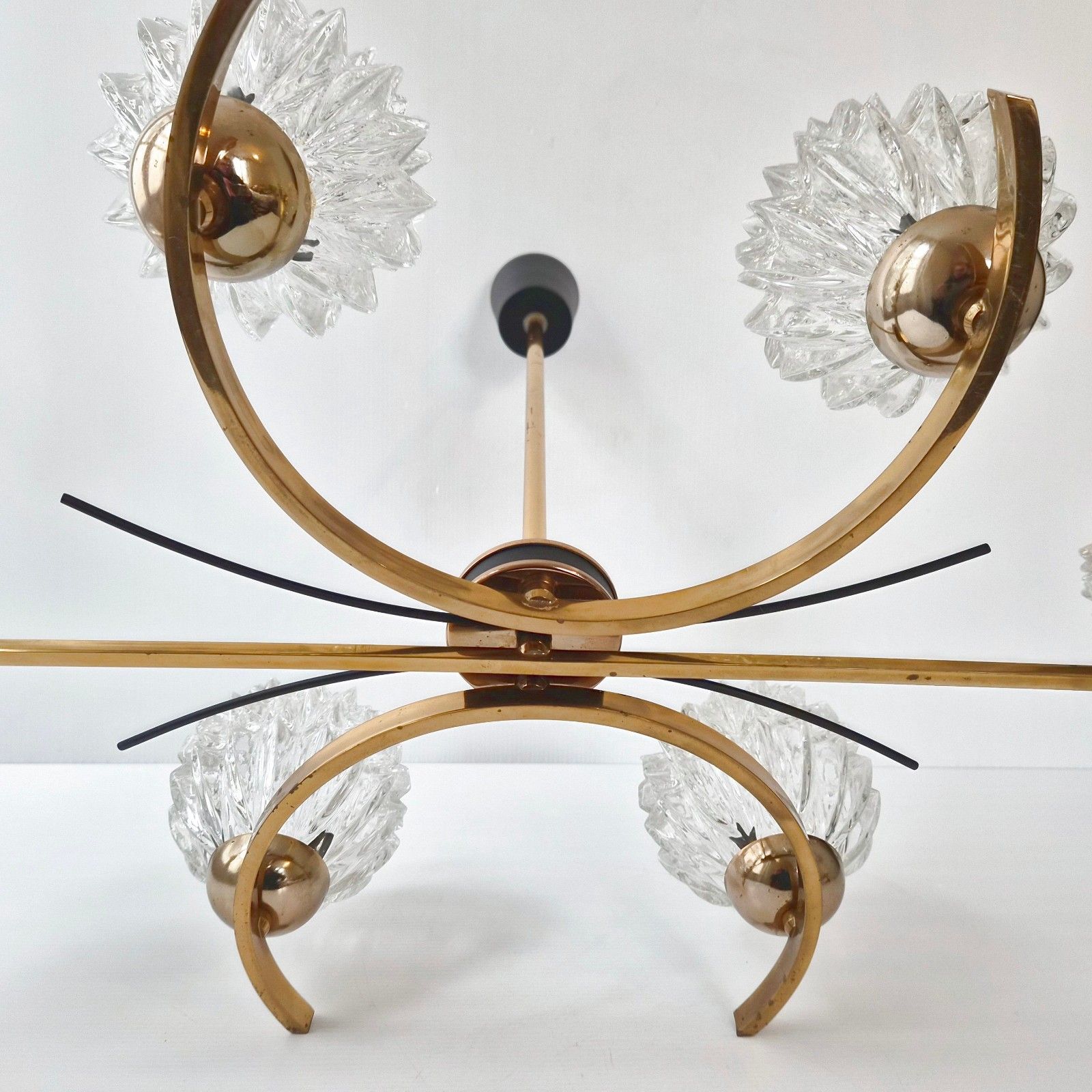 Vintage 1950 House Arlus Pendant Chandelier Brass Gold Metal & Glass 50s photo buy