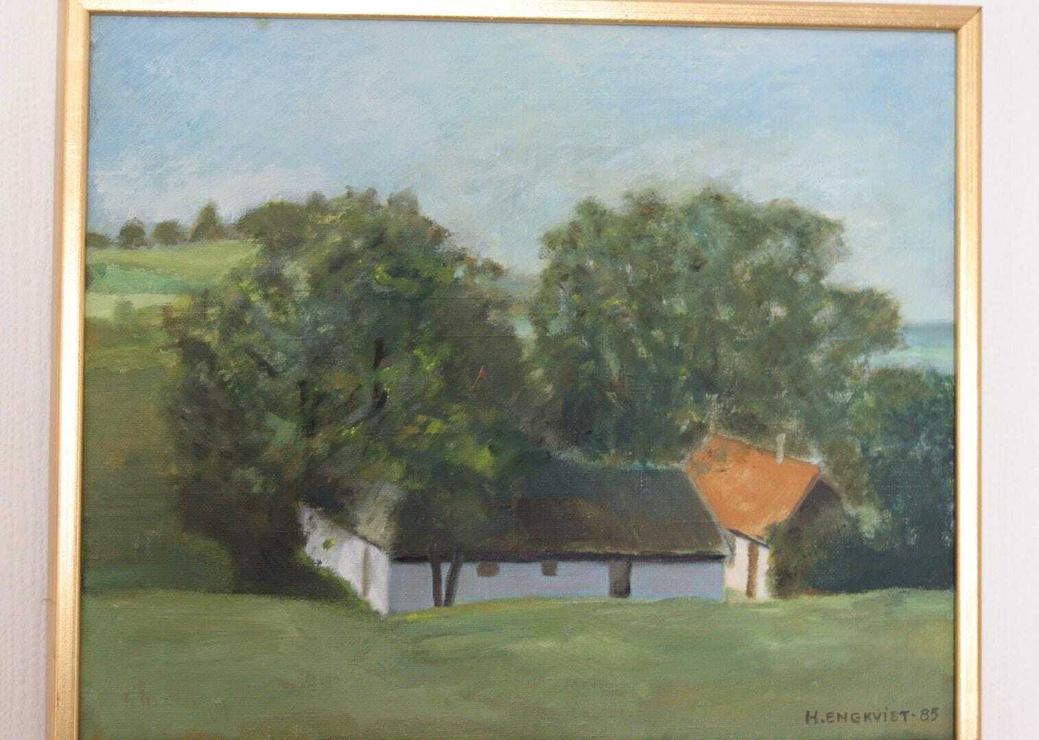 photo buy Original Swedish Oil On Canvas – “Landscape With Farm” By H. Engkvist – Dated 1983 – Vintage & Framed – 41 × 50 Cm (16.1" × 19.7")