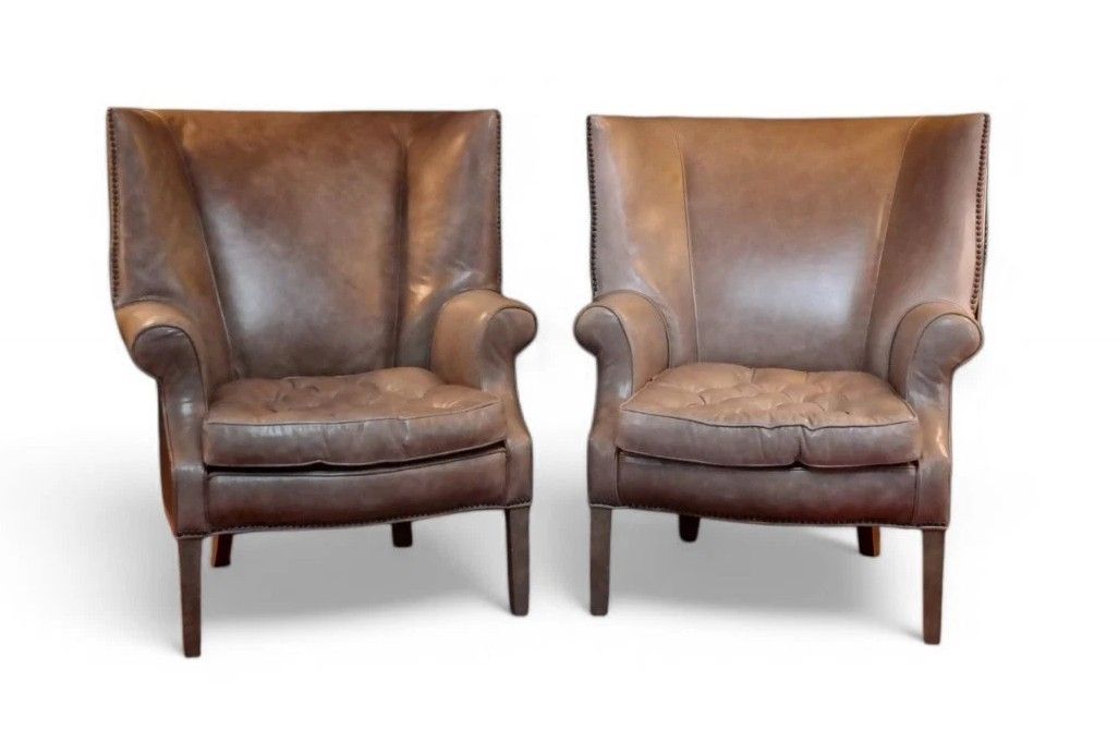 Pair Ralph Lauren Restoration Hardware Drake Cigar Leather Armchairs Granite 🚚