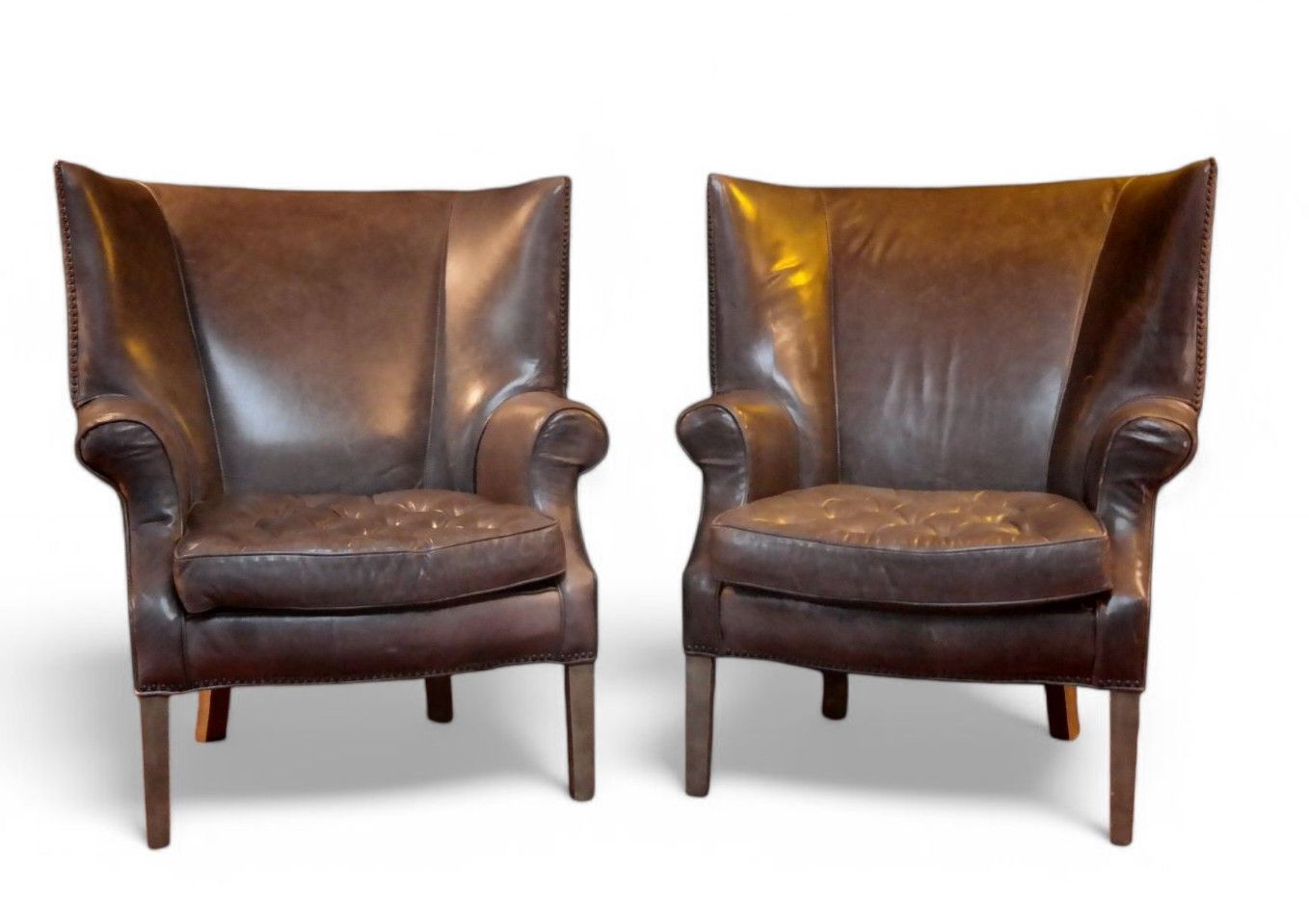 Pair Ralph Lauren Restoration Hardware Drake Cigar Leather Armchairs Graphite 🚚