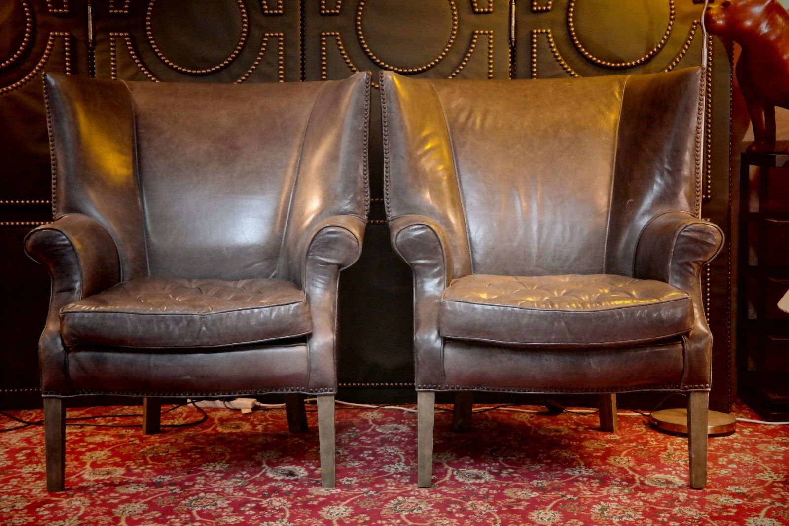 3800.0 Pair Ralph Lauren Restoration Hardware Drake Cigar Leather Armchairs Graphite 🚚 photo