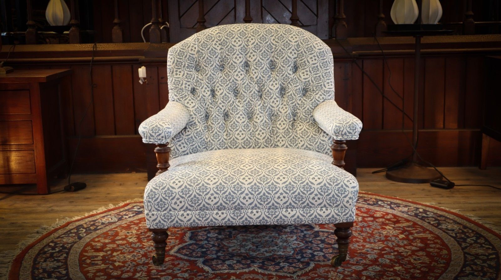 Howard & Sons Buttoned Open Armchair In Ticking Fabric photo vintage