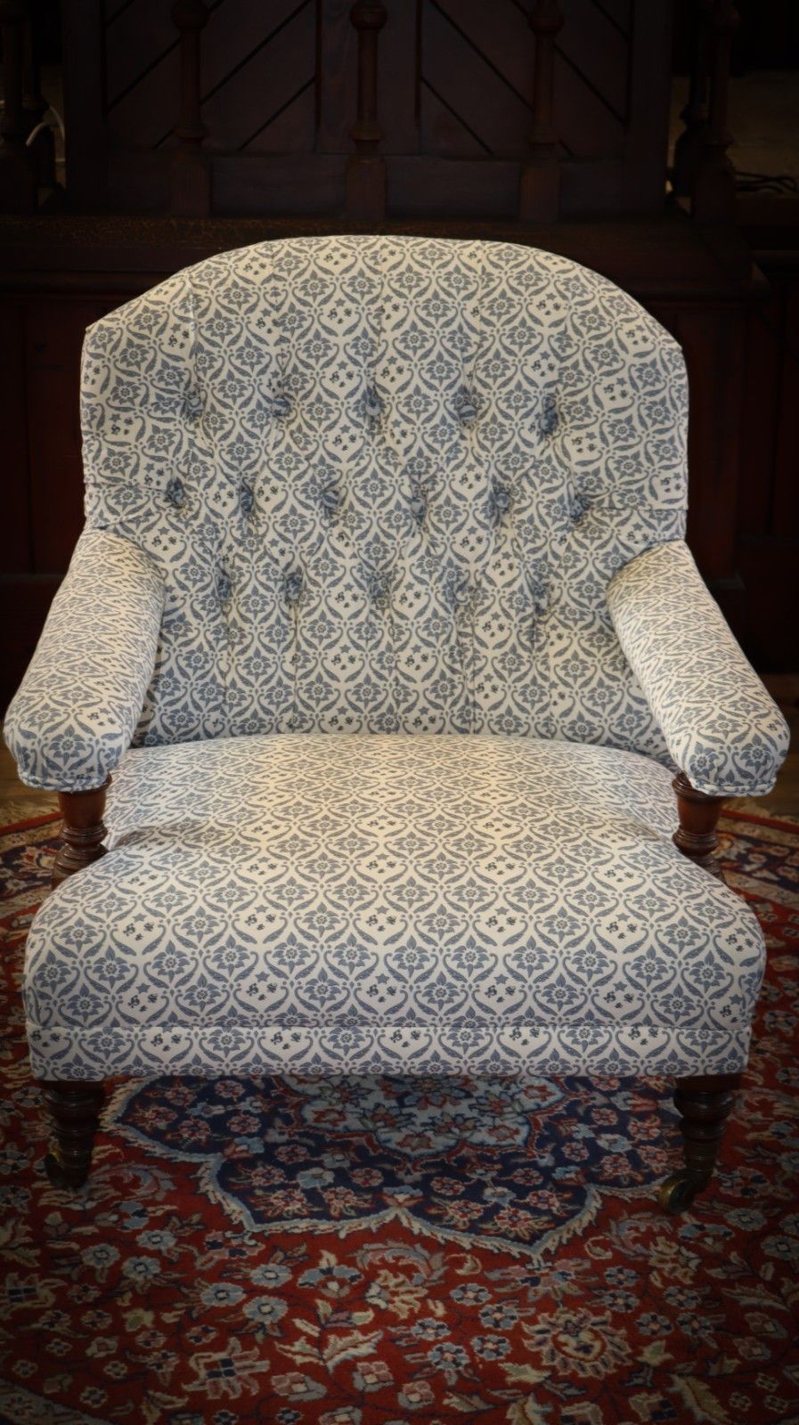 photo for sale Howard & Sons Buttoned Open Armchair In Ticking Fabric