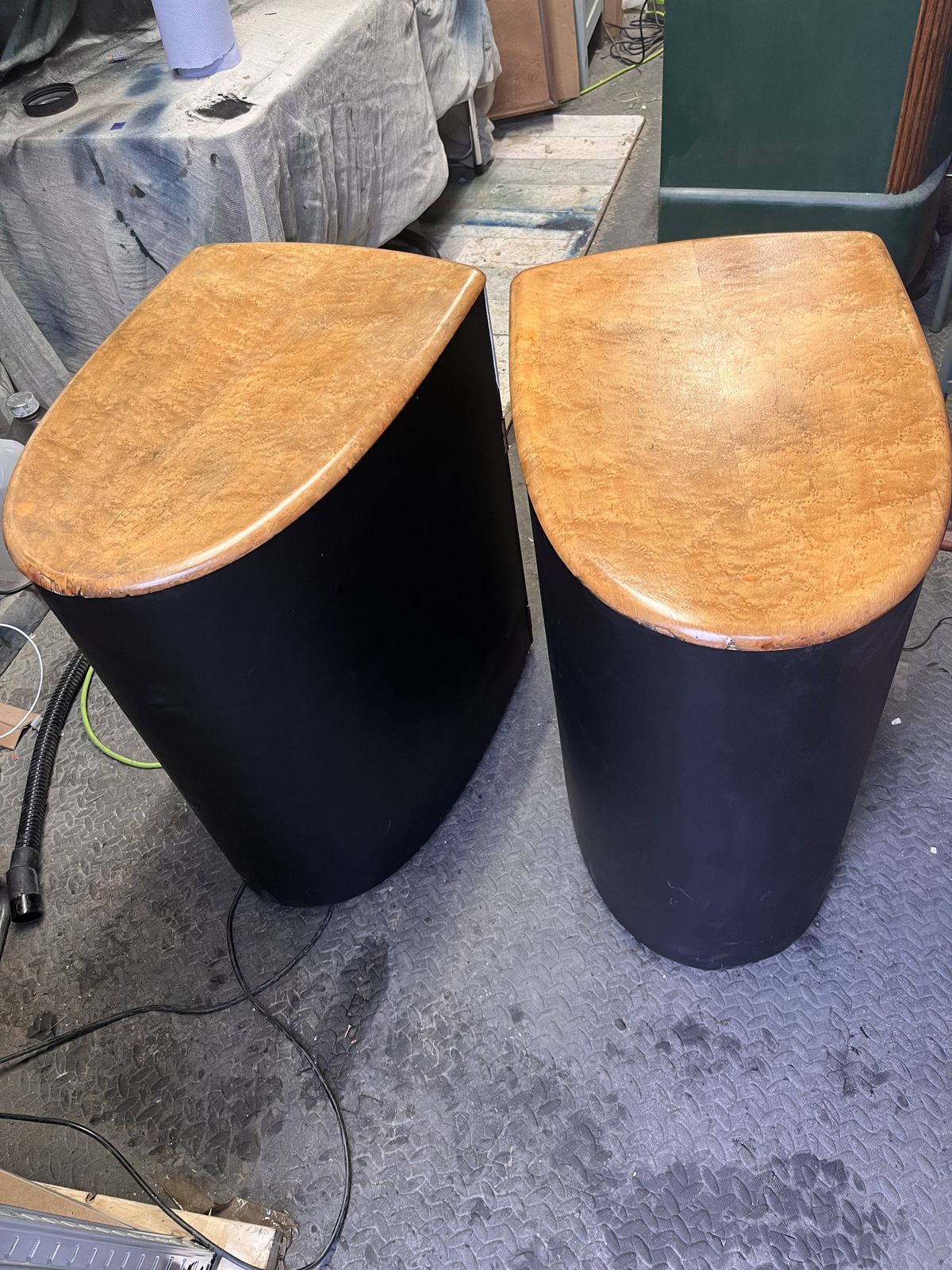 Pair Of Mid Century Modern Oval Bedside Cabinets In Birds Eye Maple & Satin Black photo furniture