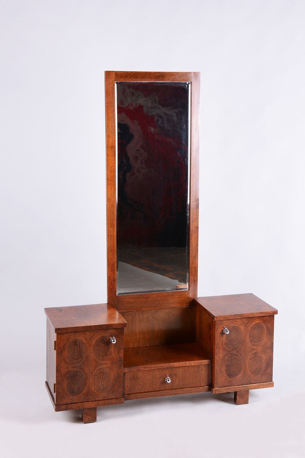 Restored Art Deco Dressing Table, Walnut, Beveled Mirrored Glass, Czech, 1930s