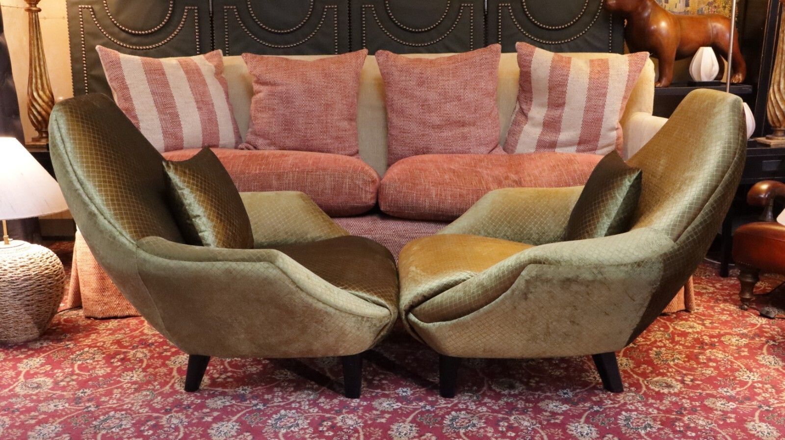 4500.0 Pair George Smith Club Armchairs  Designers Guild Olive Green Velvet Rrp£14600🚚 photo