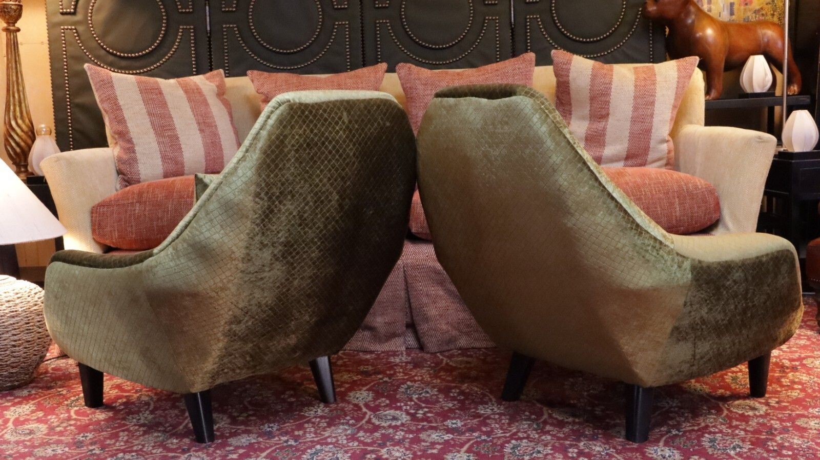 photo buy Pair George Smith Club Armchairs  Designers Guild Olive Green Velvet Rrp£14600🚚