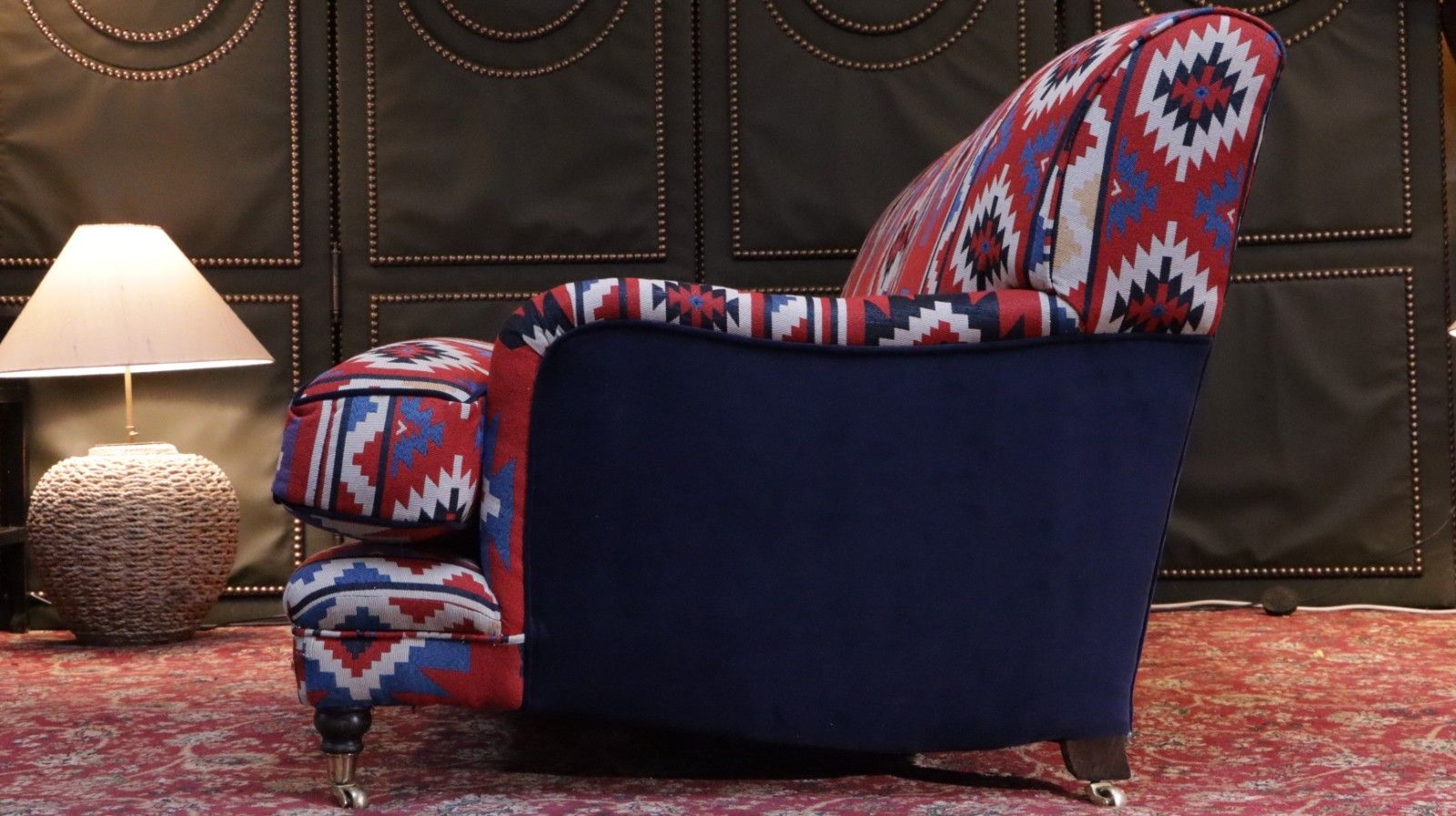 photo buy Super George Smith Style Signature Sofa 3 Seater Kilim Velvet Fabric Blue Red 🚚