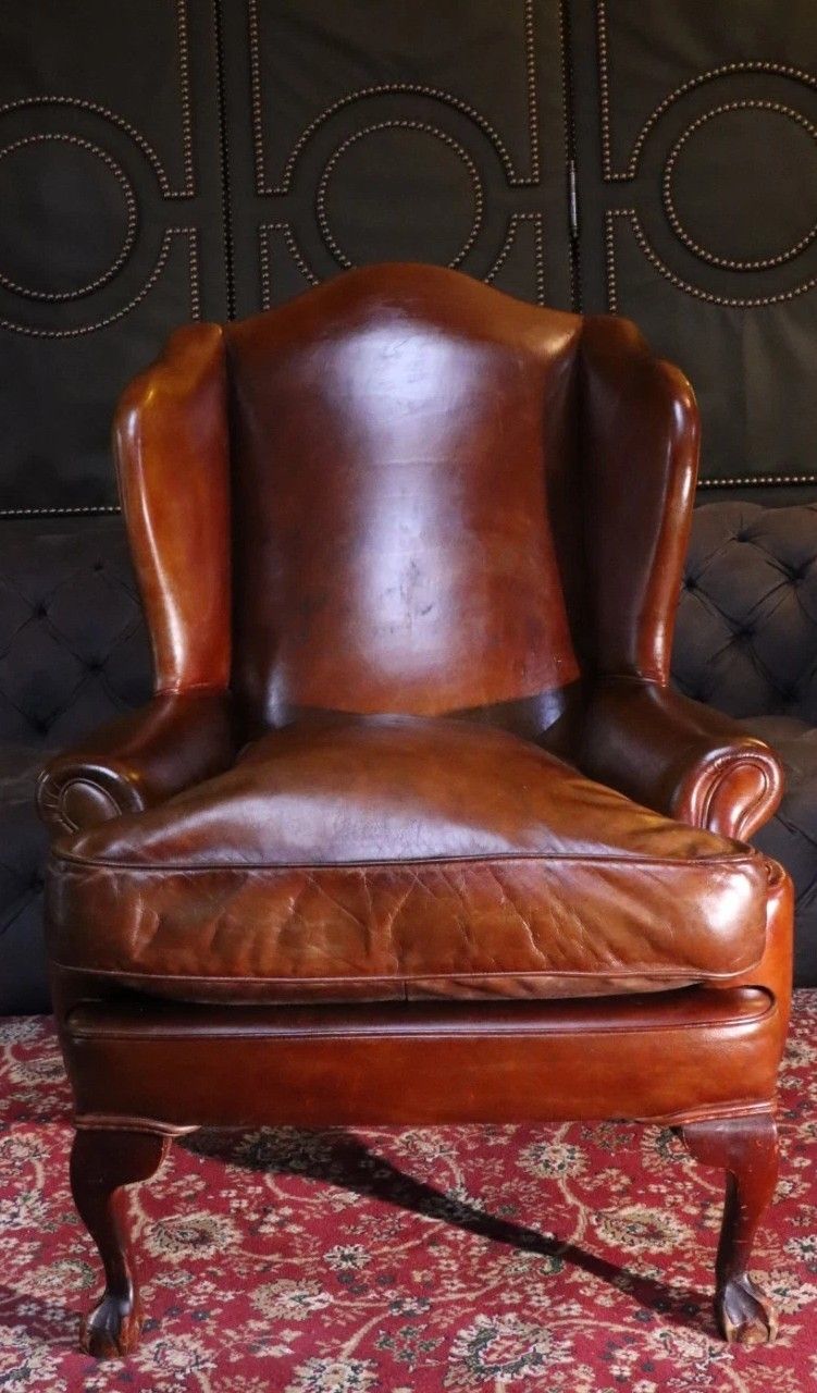 Superb Antique Leather Wingback Club Library Fireside Armchair Whisky Tan Del 🚚 photo vinterior