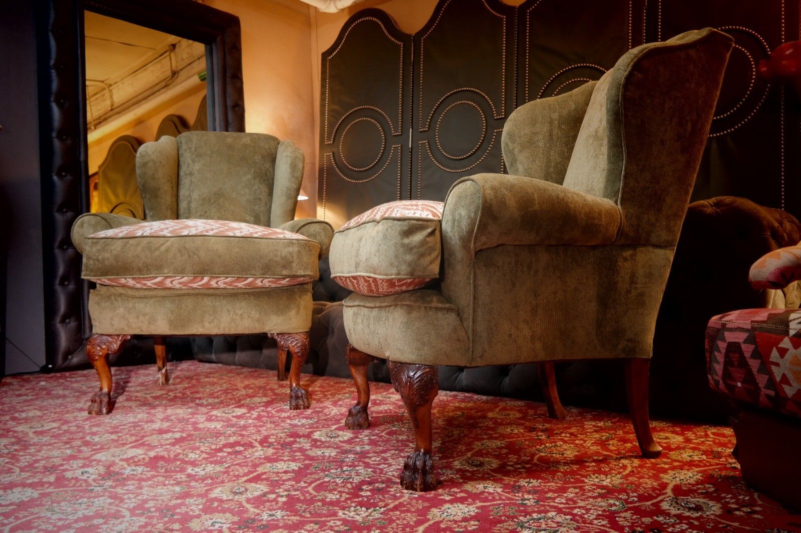 photo buy Superb Pair Victorian Style Ball & Claw Feet Wingback Armchairs Nobalis Bargello