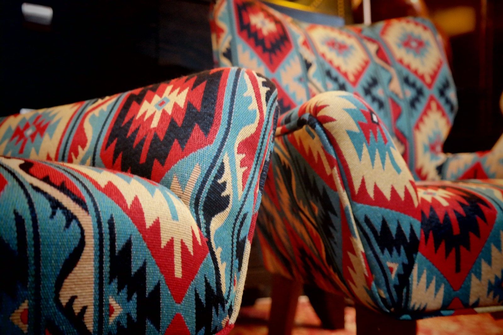 photo buy Pair George Smith Bedroom Nursing Kilim Under Wndow Armchairs Blue Red Rrp£11600
