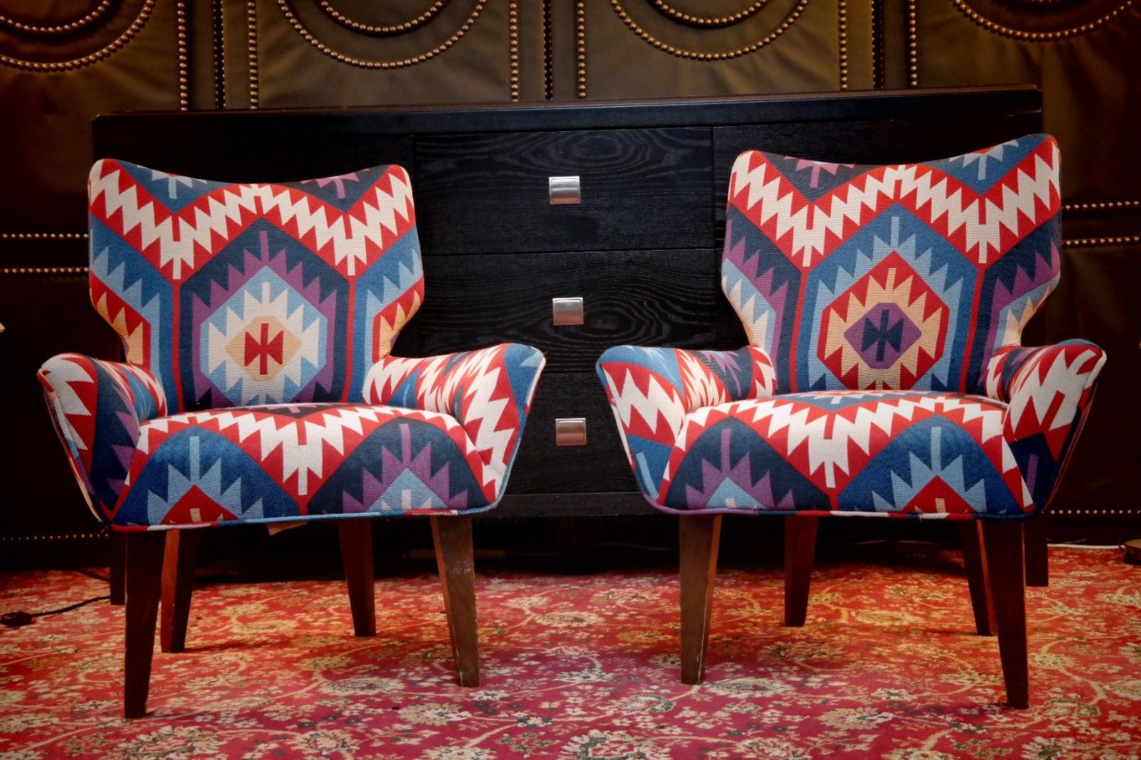 Pair George Smith Bedroom Nursing Kilim Under Wndow Armchairs Blue Red Rrp£11600 photo Furniture