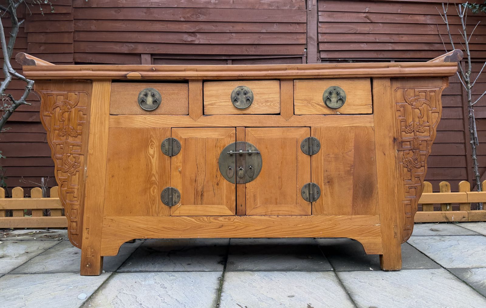 19th Century Qing Dynasty Style Natural Wood Carved Spandrel Sideboard – Good Condition photo for sale