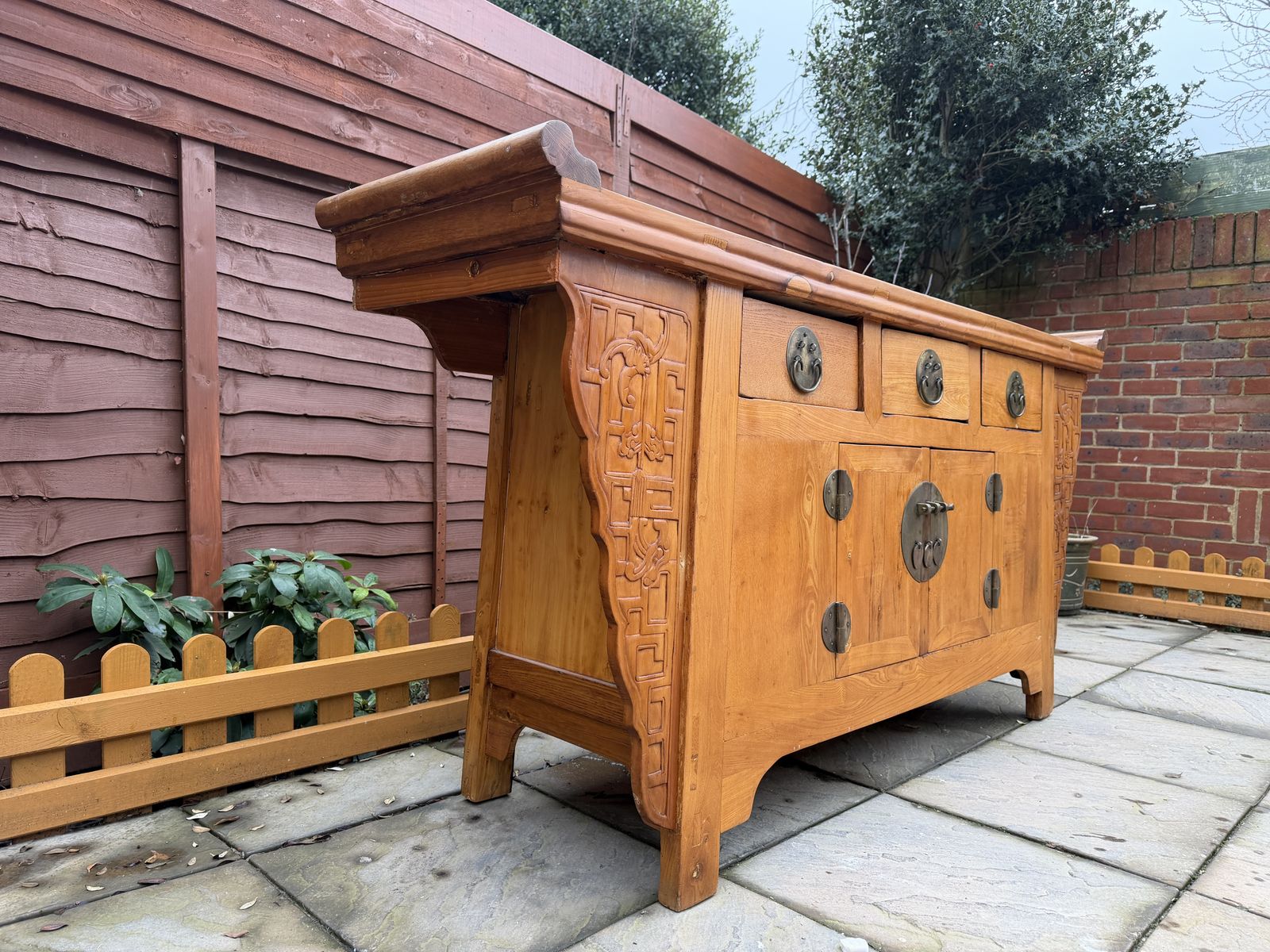 photo for sale 19th Century Qing Dynasty Style Natural Wood Carved Spandrel Sideboard – Good Condition