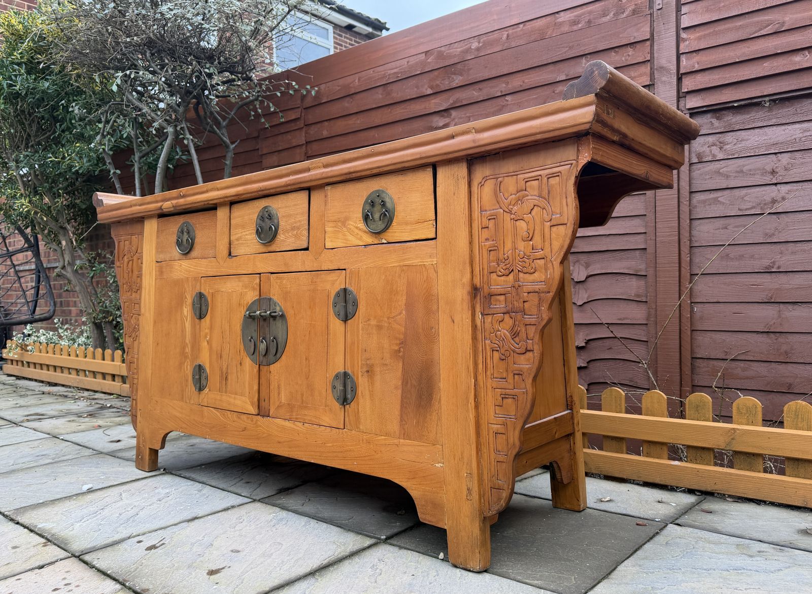 photo buy 19th Century Qing Dynasty Style Natural Wood Carved Spandrel Sideboard – Good Condition