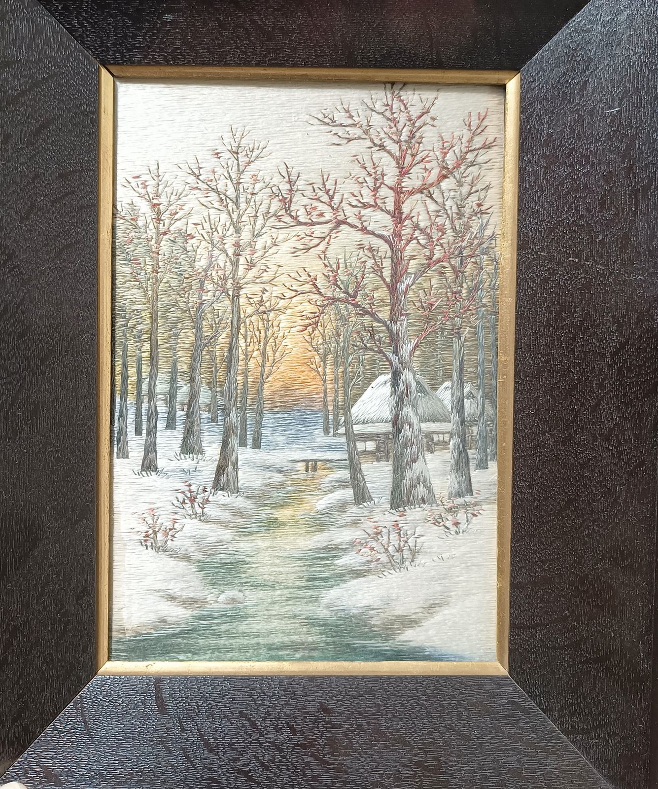 Antique Silk Shading Embroidery Picture Snow Scene,Black Wooden Frame. photo for sale