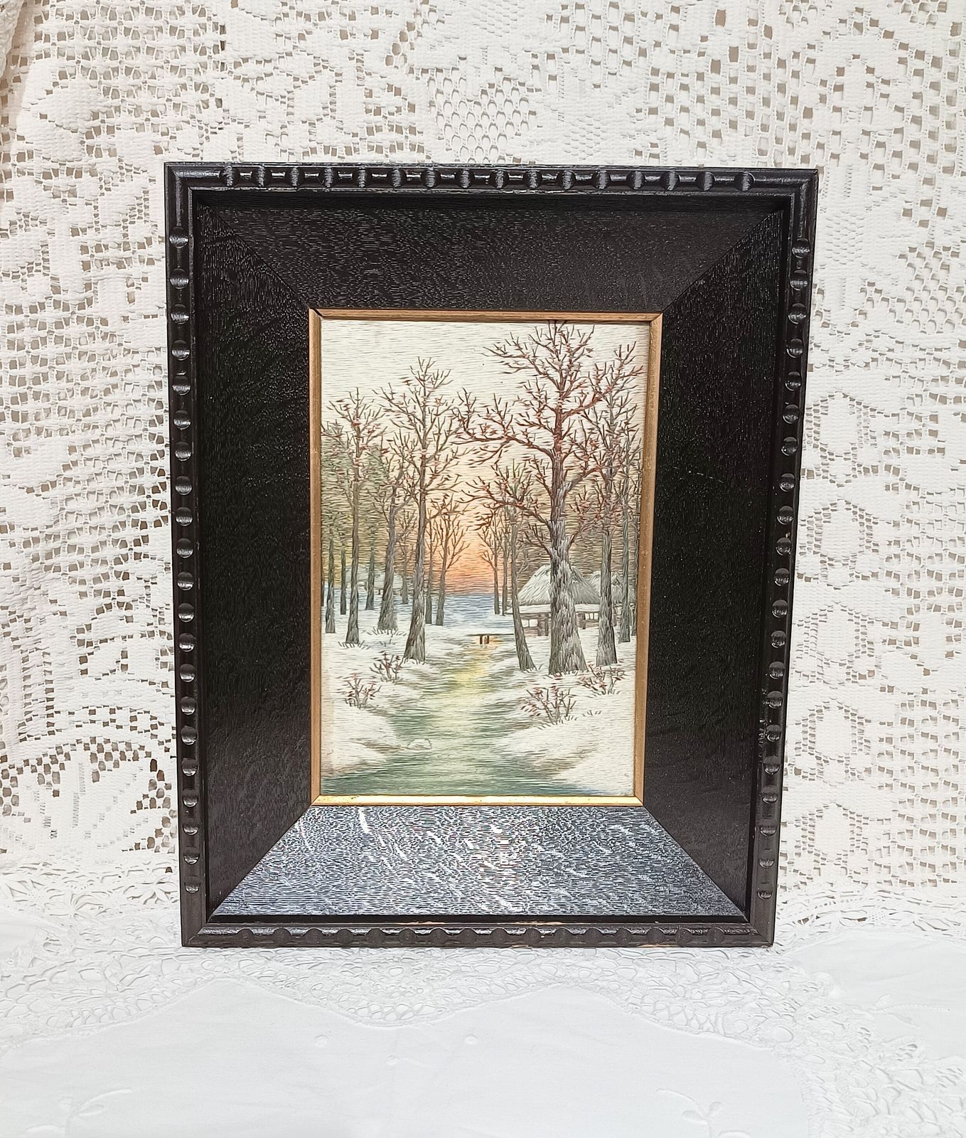 Antique Silk Shading Embroidery Picture Snow Scene,Black Wooden Frame. photo 170.0