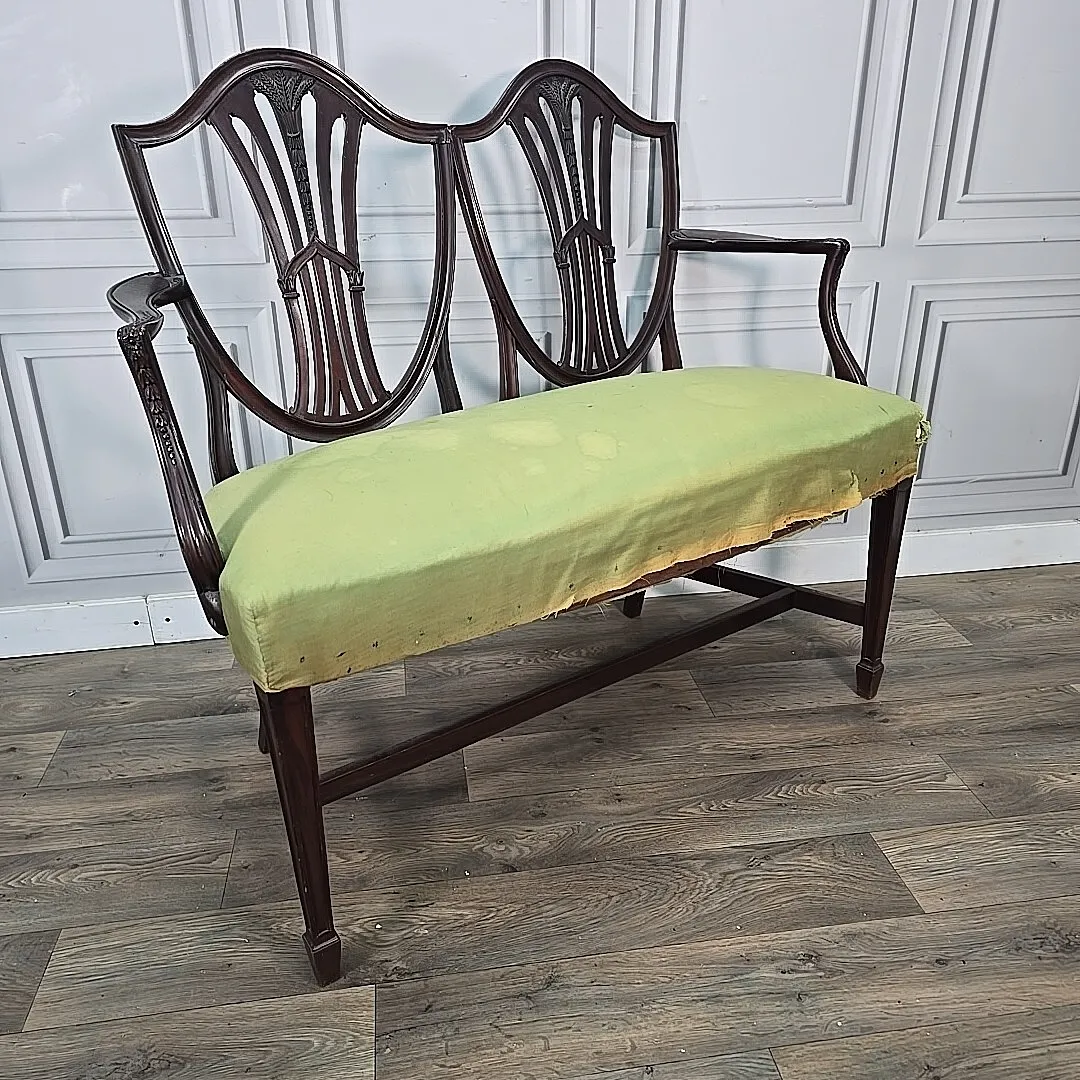 Antique Mahogany Double Chair Salon Settee Hepplewhite Sheraton Revival Shield