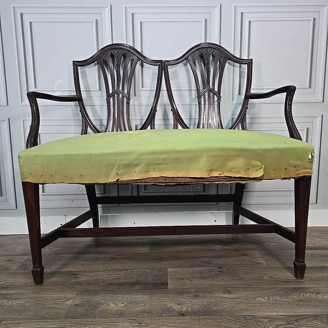 Antique Mahogany Double Chair Salon Settee Hepplewhite Sheraton Revival Shield photo Furniture
