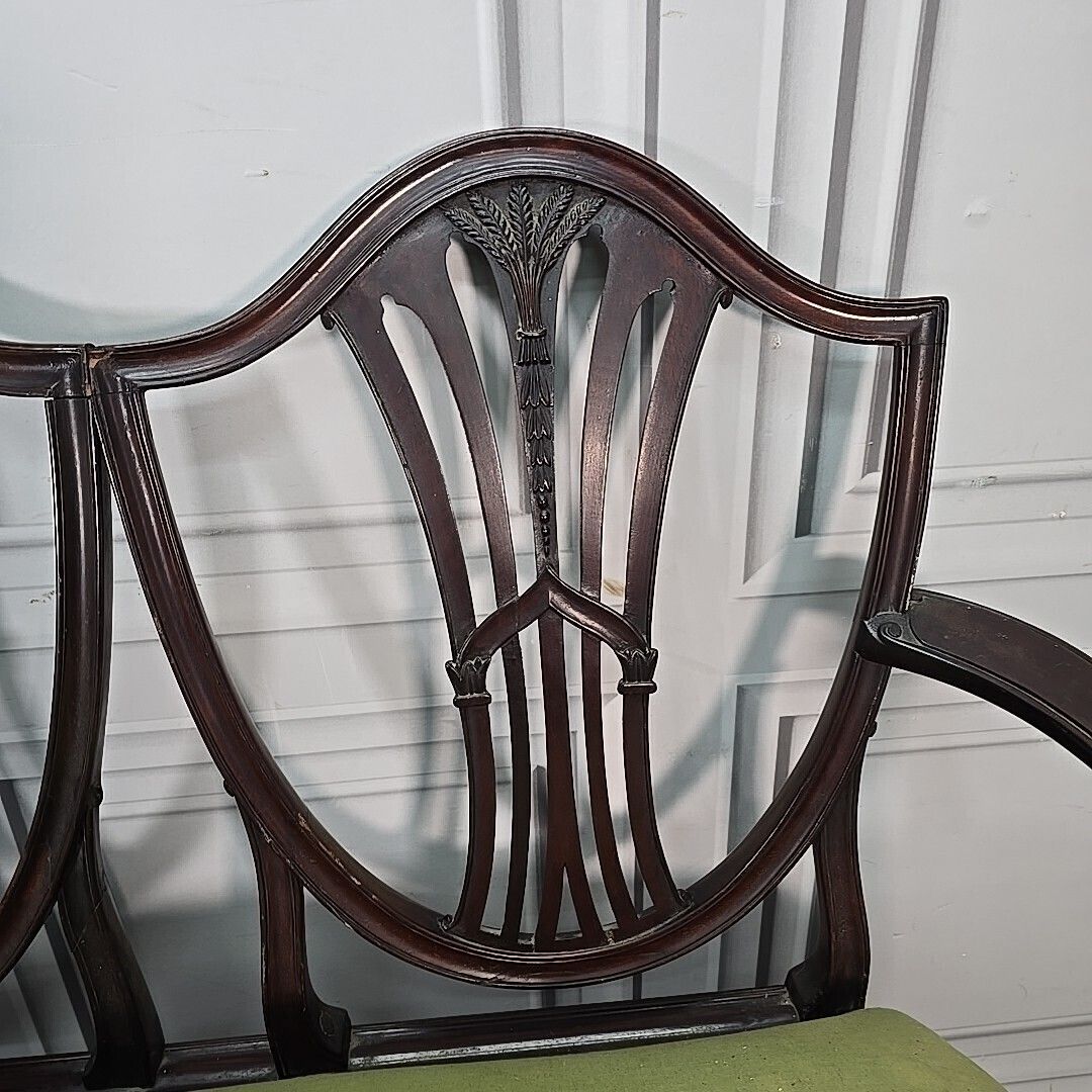 Antique Mahogany Double Chair Salon Settee Hepplewhite Sheraton Revival Shield photo vinterior
