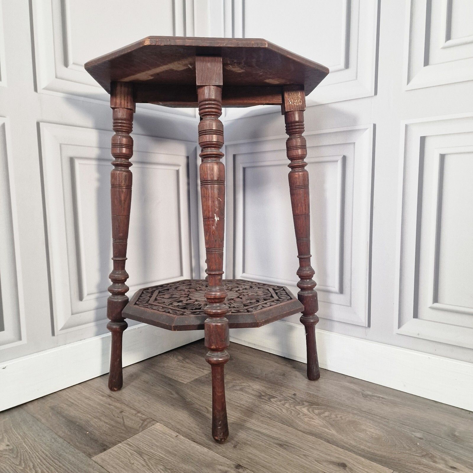 Antique Octagonal Table Solid Wooden Edwardian Style Carved Hall On Turned Legs photo Furniture