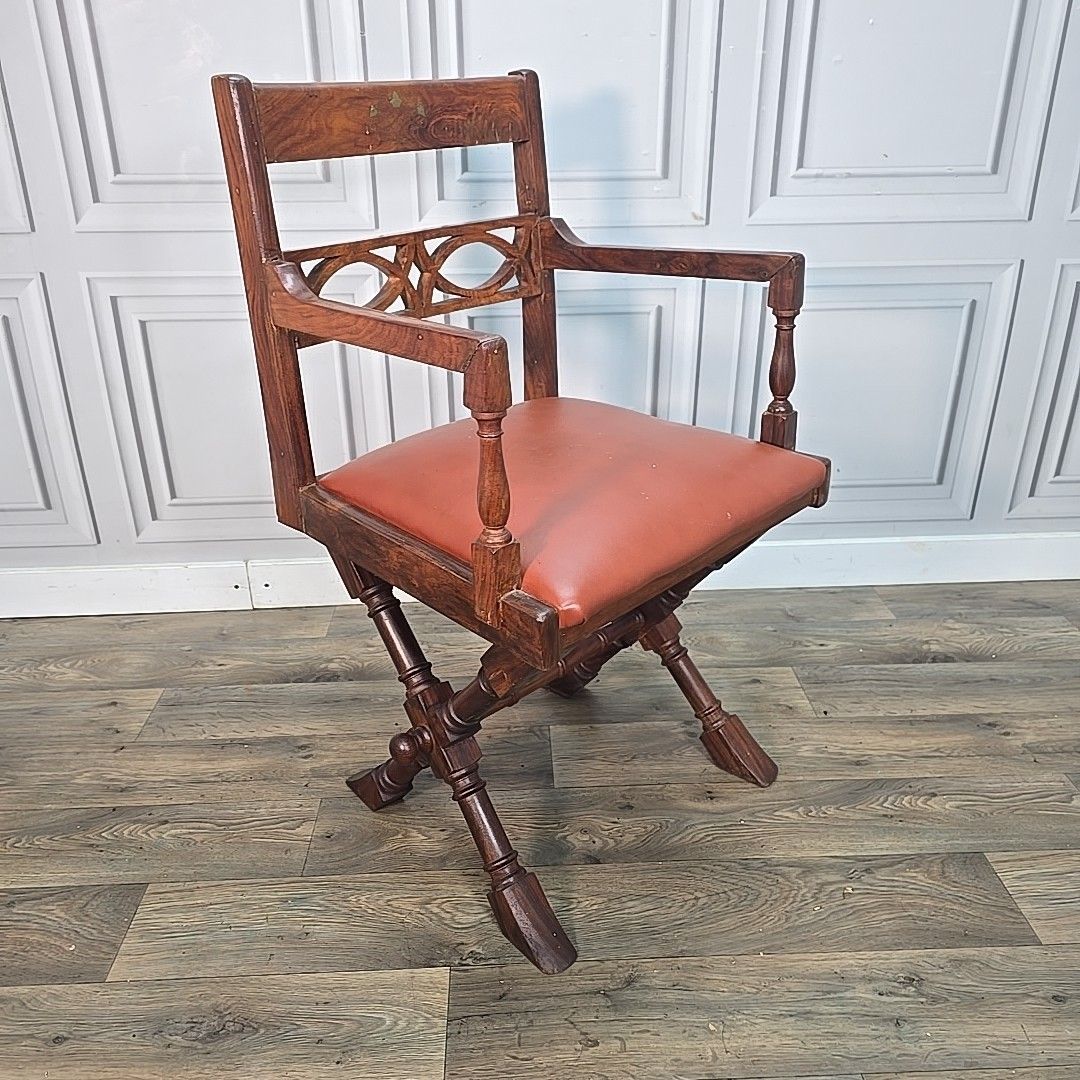 Vintage Campaign Style Chair Wooden X Frame Armchair – Brass Detail Desk Seat photo furniture