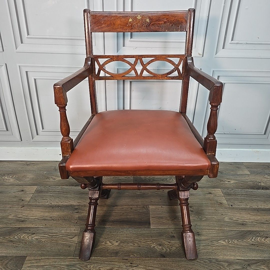 Vintage Campaign Style Chair Wooden X Frame Armchair – Brass Detail Desk Seat photo Furniture