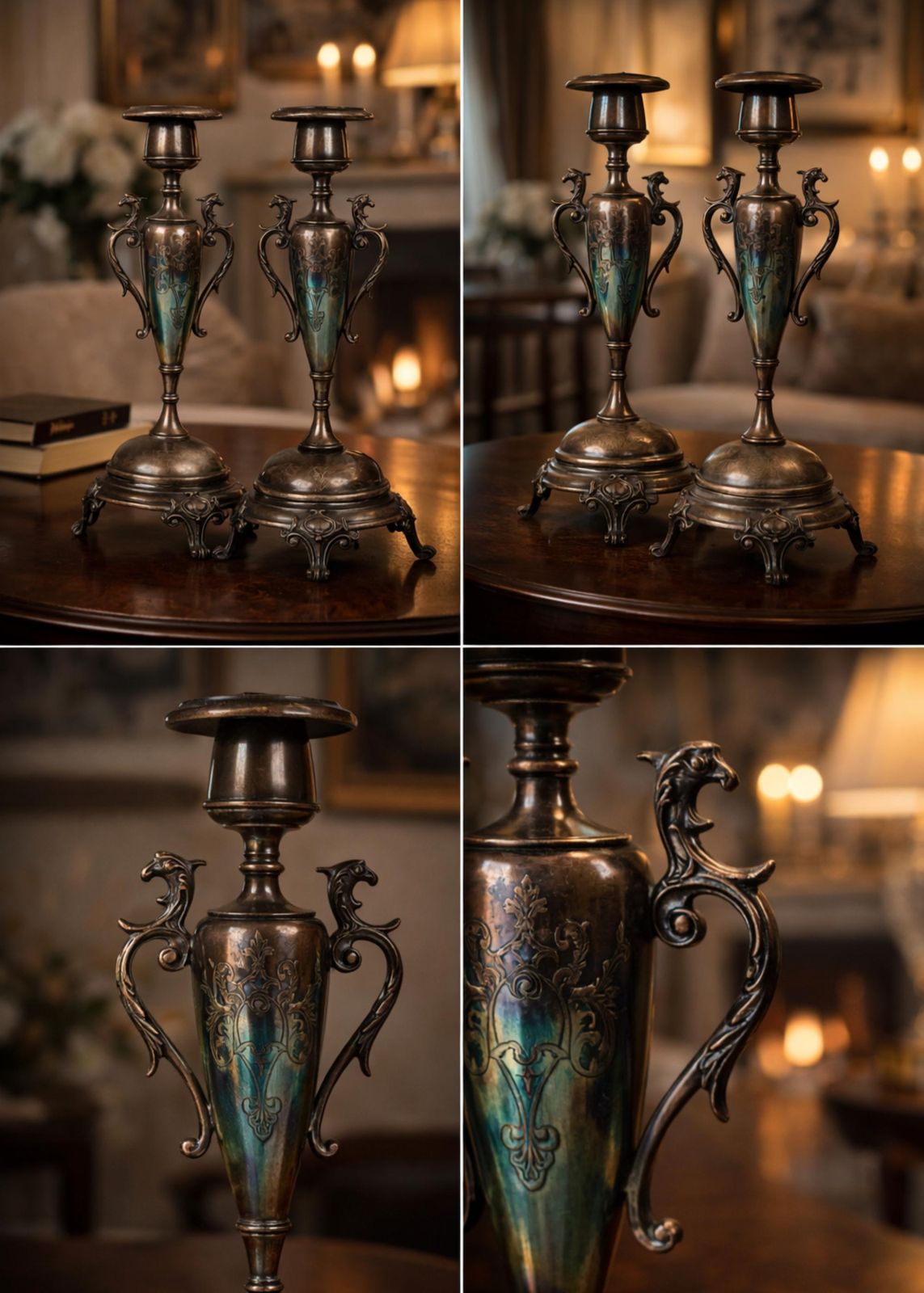 Pair Candle Holder Silver Antique Rococo Style Candlesticks, Decorative Patina photo for sale