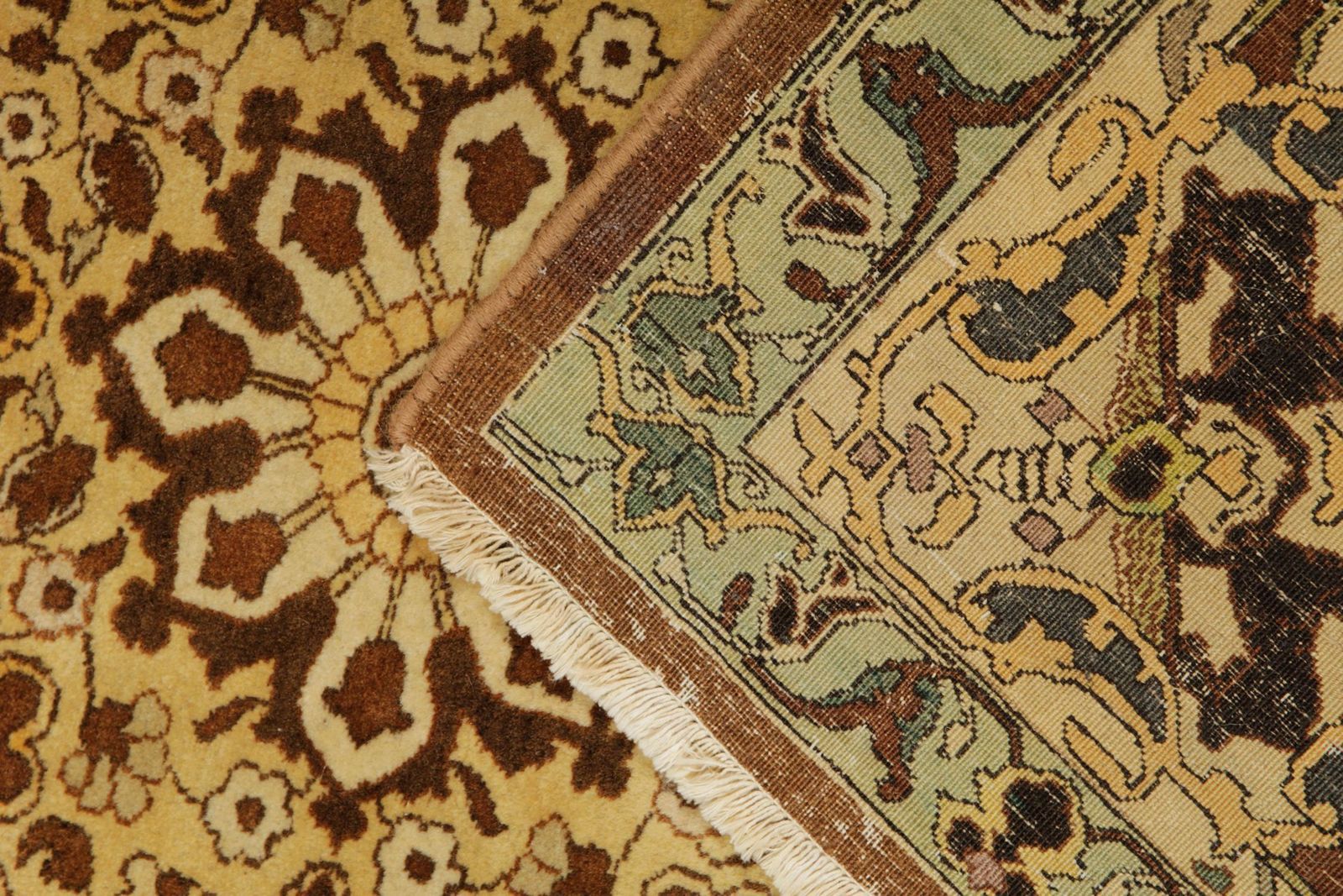 Hand Knotted Antique Rug, Beige Gold Floral Living Room Rug photo vinterior
