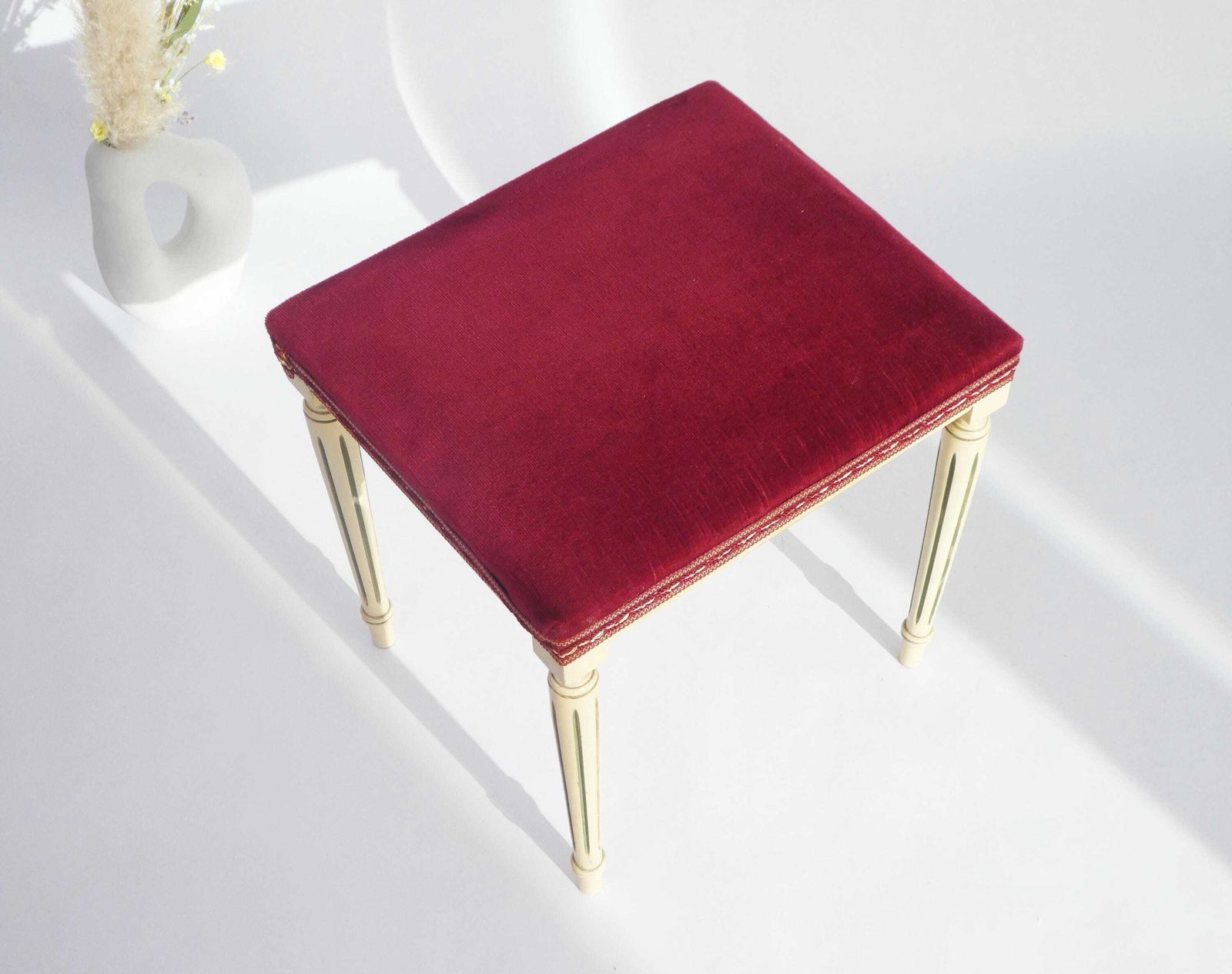 French Louis XVI Style Wooden Bench With Red Velvet, Carved Small Stool photo for sale