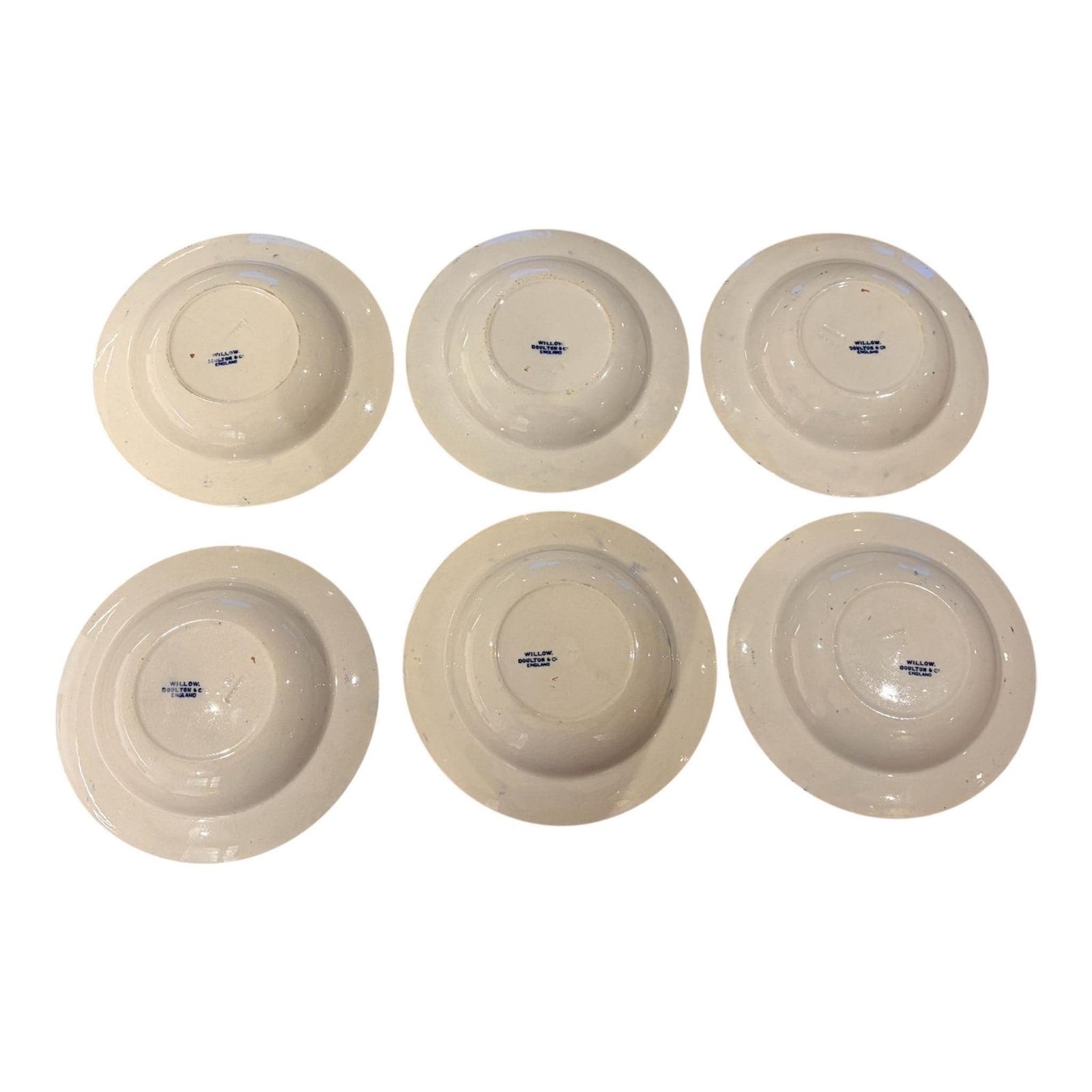 Antique Doulton + Co Willow Pattern Bowls Set Of 6 | Pre Royal Doulton Blue & White Transfer Ware C.1880 To 1900 England photo vintage