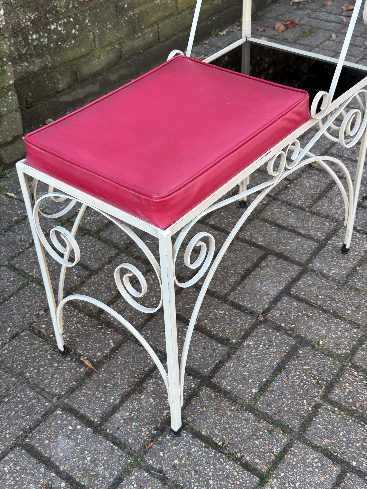 Vintage Cream Scrollwork, Wrought Iron Telephone Table With Red Vinyl Seat And Smoky Glass Shelves, Mid Century Hallway Accent Furniture photo Furniture