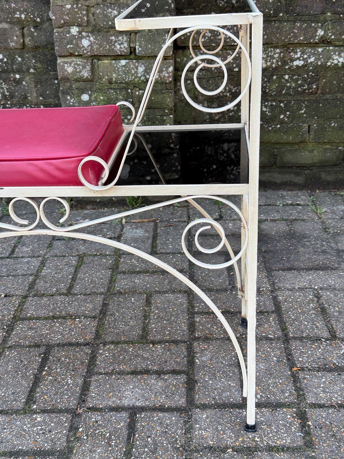 Vintage Cream Scrollwork, Wrought Iron Telephone Table With Red Vinyl Seat And Smoky Glass Shelves, Mid Century Hallway Accent Furniture photo vinterior