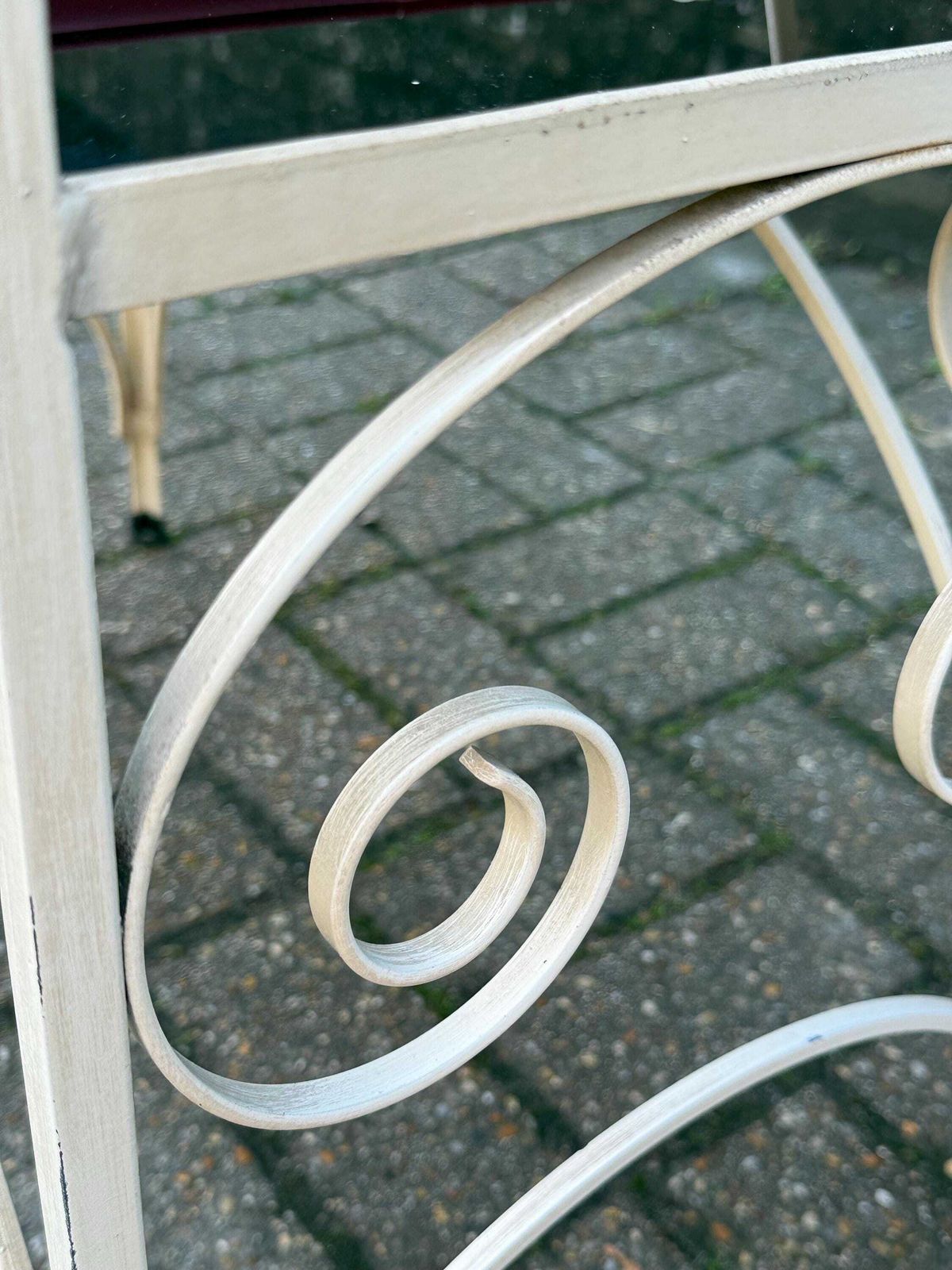 photo for sale Vintage Cream Scrollwork, Wrought Iron Telephone Table With Red Vinyl Seat And Smoky Glass Shelves, Mid Century Hallway Accent Furniture
