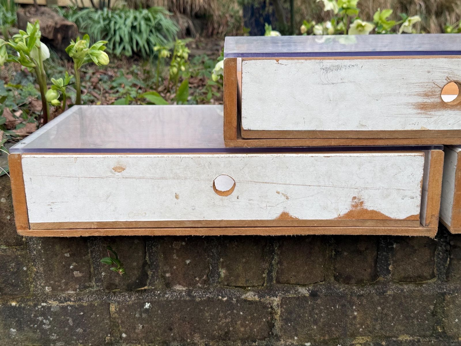 Large Vintage Utilitarian Industrial Wooden Drawer Display Units With Frosted Acrylic Tops, Circa 70s 80s photo vinterior