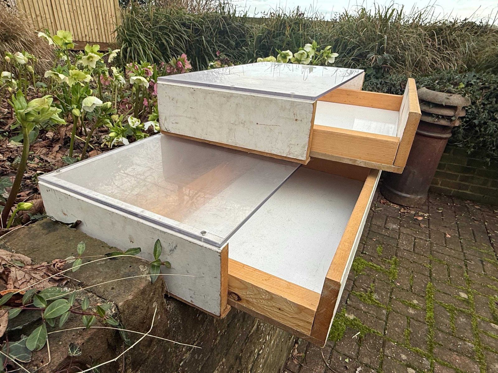 photo for sale Large Vintage Utilitarian Industrial Wooden Drawer Display Units With Frosted Acrylic Tops, Circa 70s 80s
