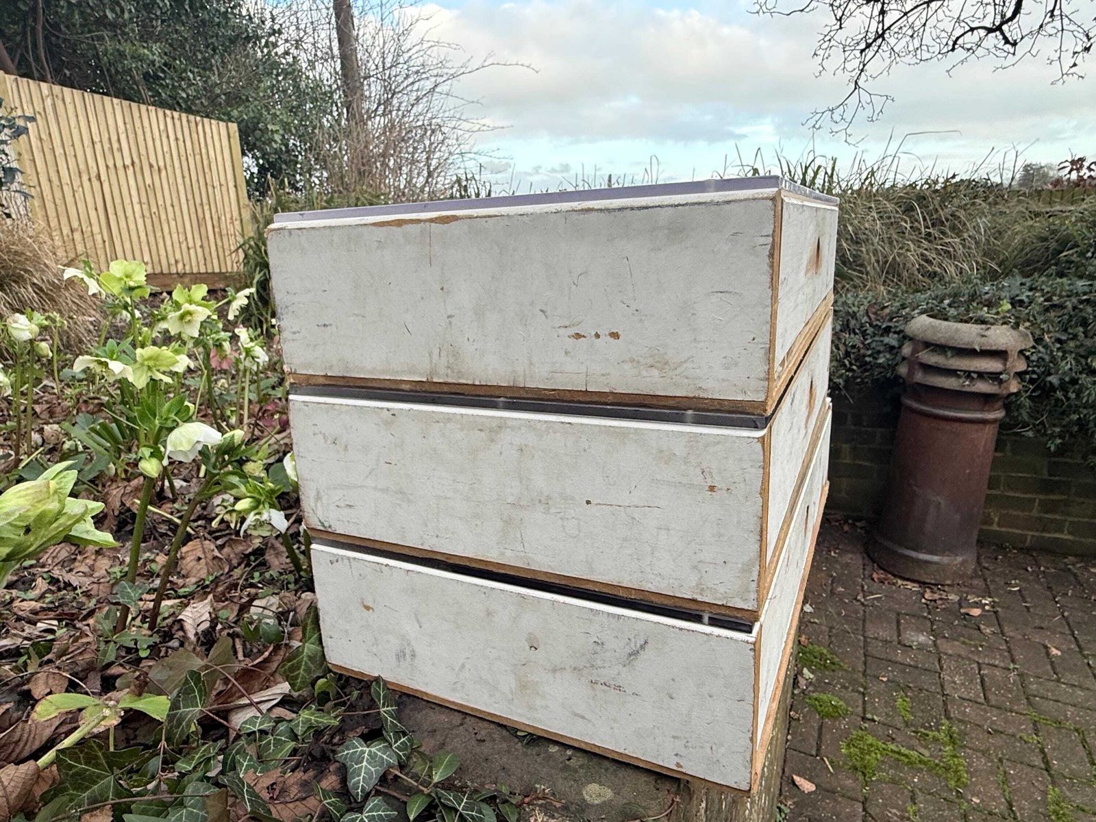 photo vinterior Large Vintage Utilitarian Industrial Wooden Drawer Display Units With Frosted Acrylic Tops, Circa 70s 80s