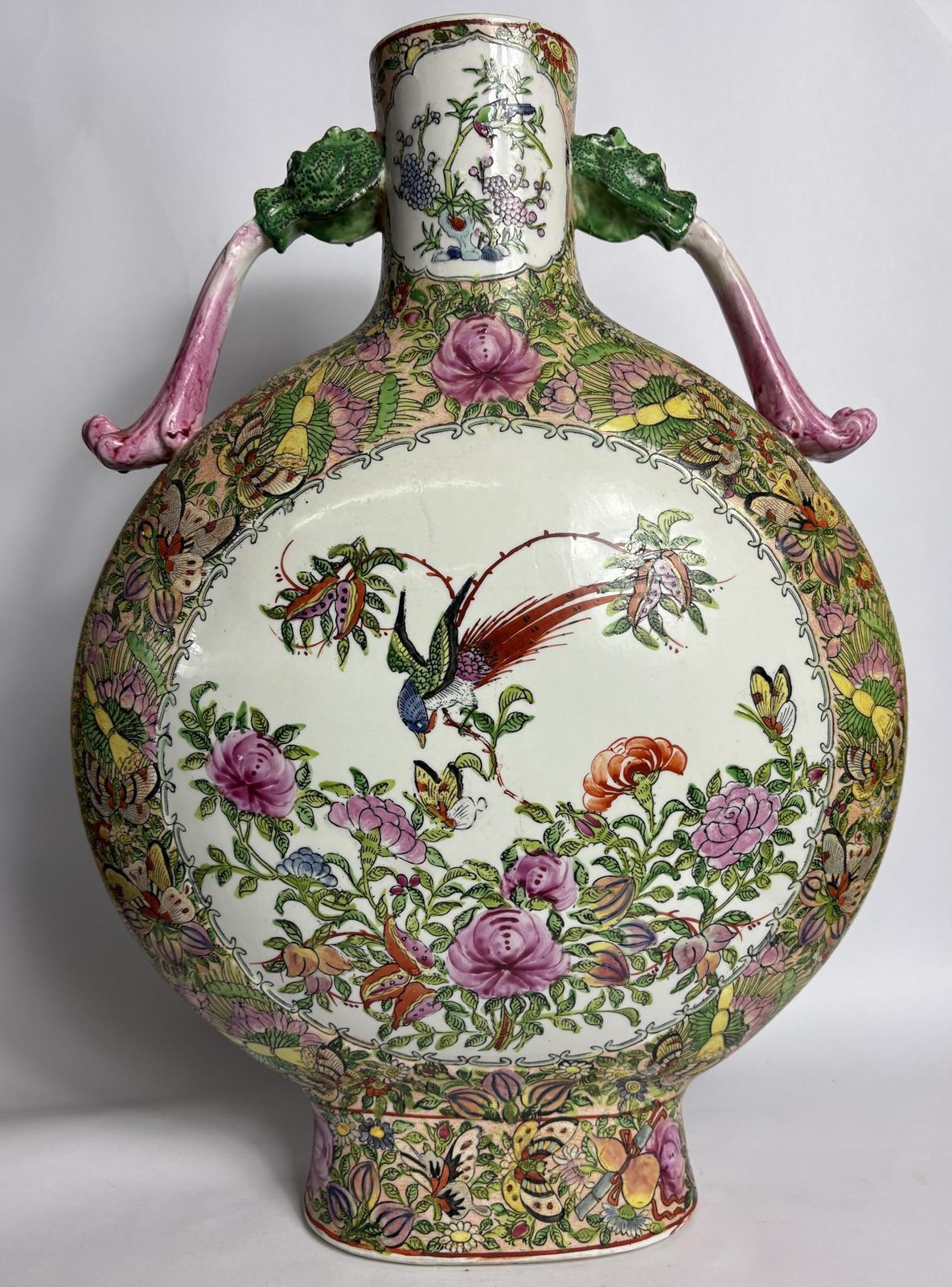 Large Chinese Famille Rose Moon Flask (Bianhu) With Twin Handles – 45 Cm photo vintage