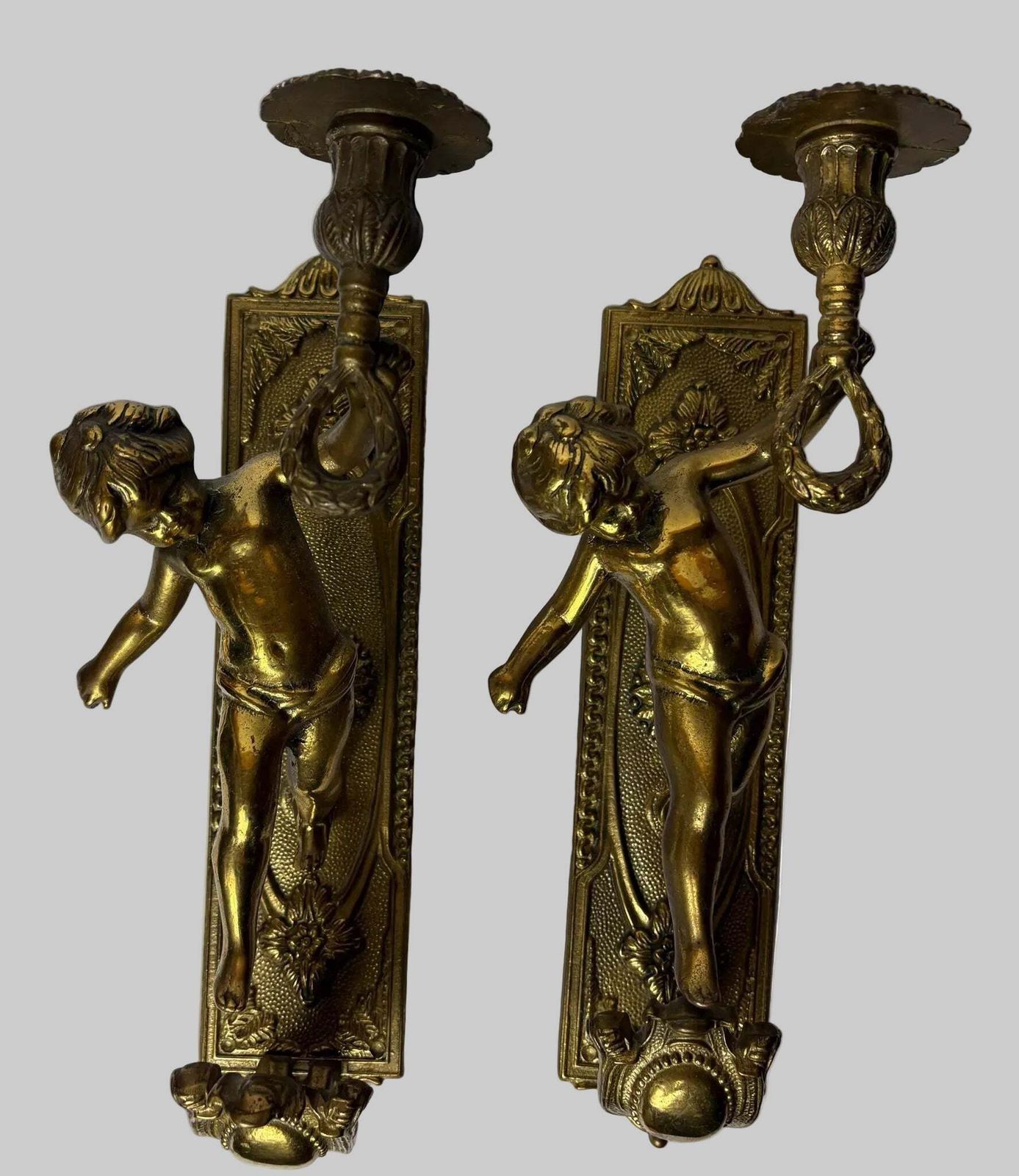 Pair Of Antique Gilt Brass Figural Wall Sconces / Candle Style Wall Lights (31cm)