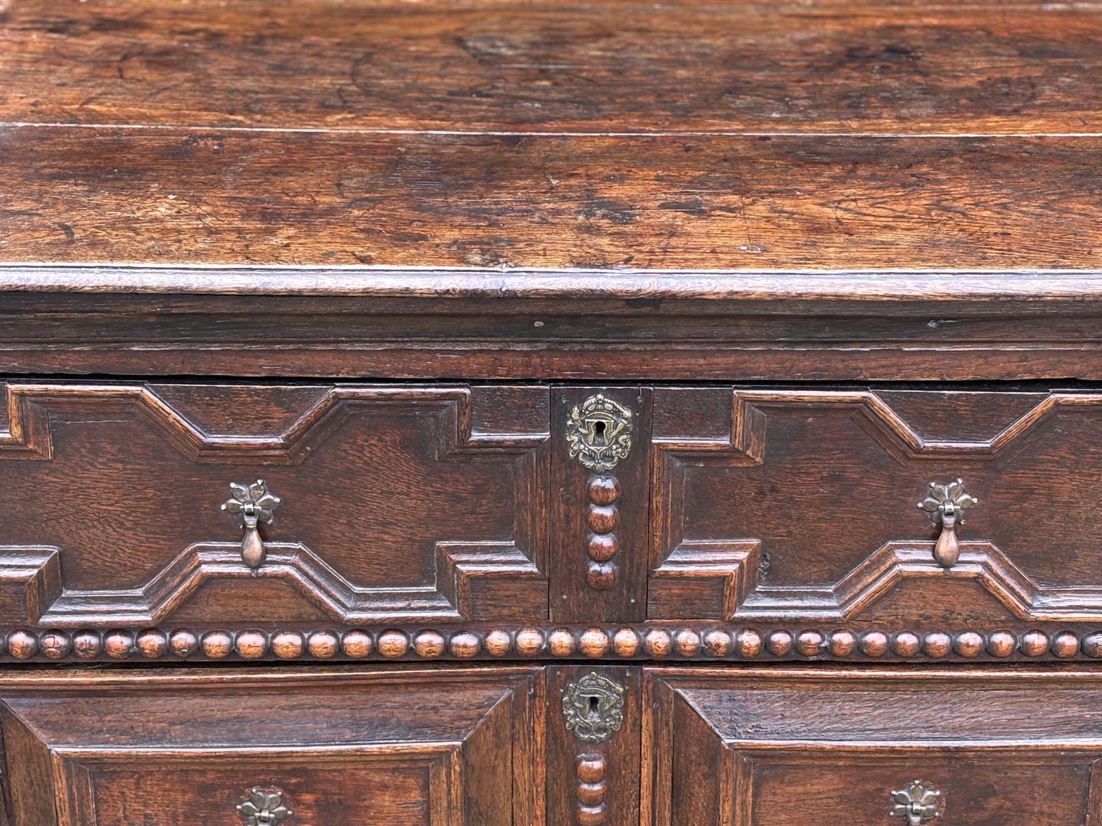 17th Century Charles II Period Jacobean Oak Geometric Chest Of Drawers photo for sale