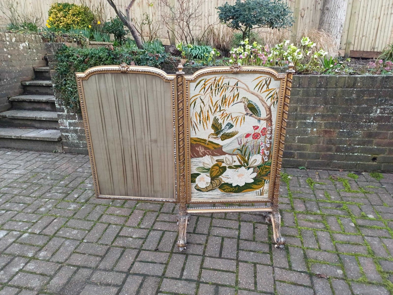 Huge Grand Ornate Antique Gold Gilt Kingfisher Tapestry Folding Fire Or Vintage Vanity Privacy Screen Curtain Castors