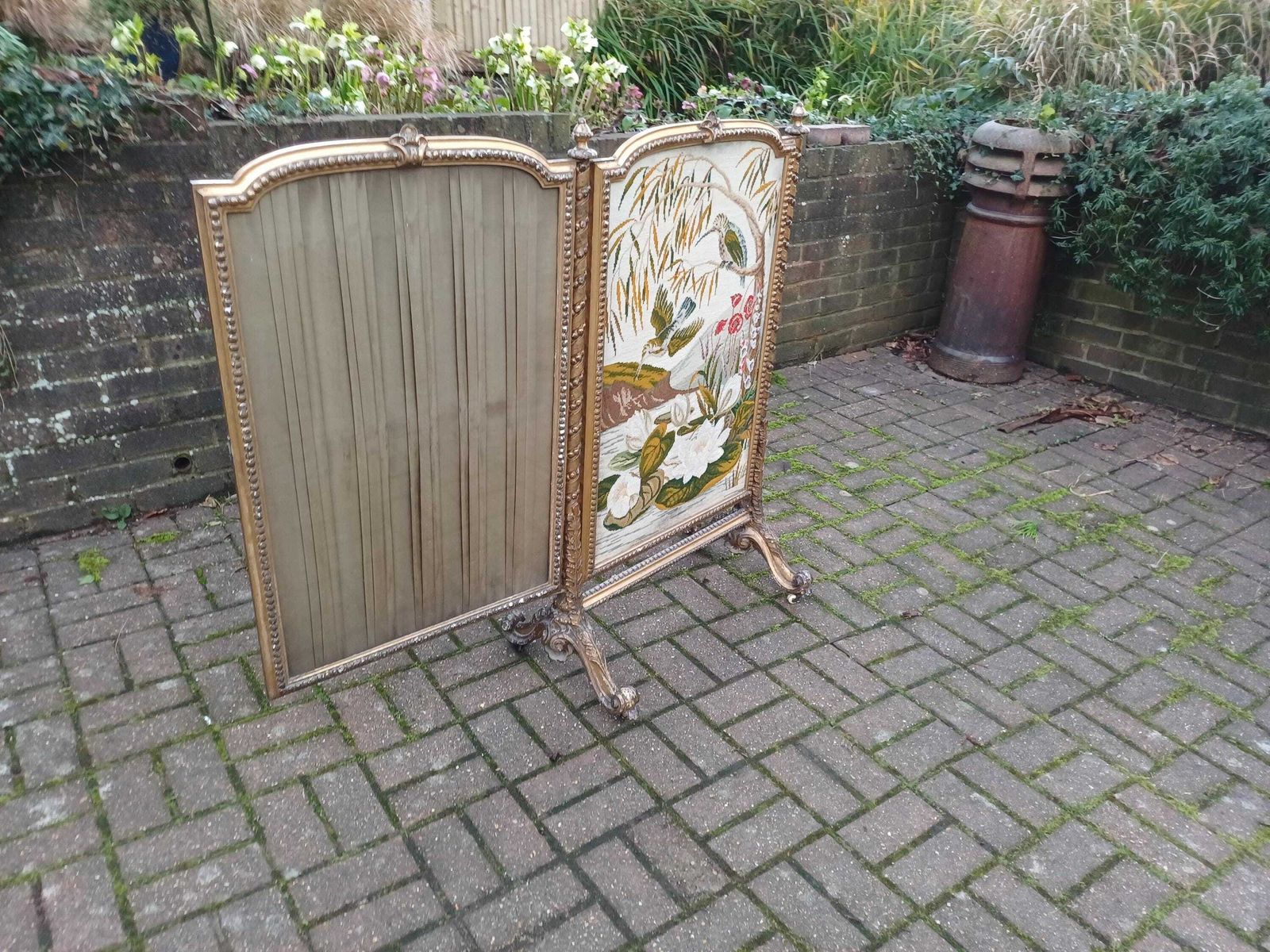photo furniture Huge Grand Ornate Antique Gold Gilt Kingfisher Tapestry Folding Fire Or Vintage Vanity Privacy Screen Curtain Castors