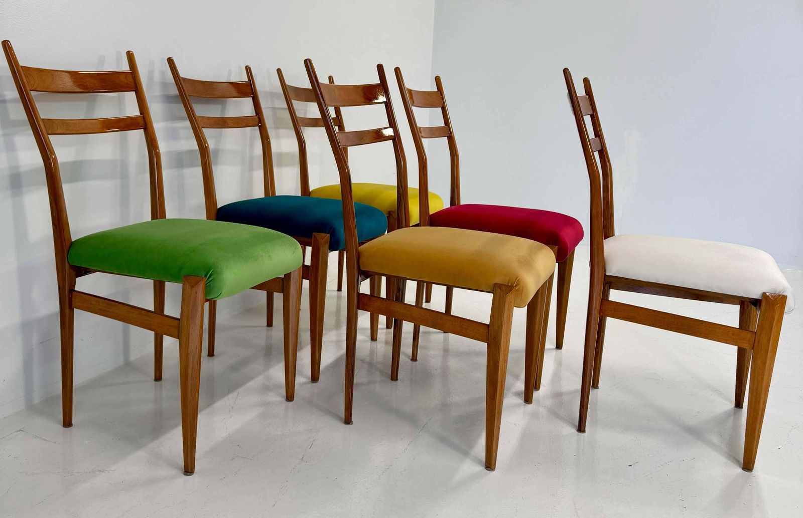 Set Of Six Italian Art Deco Walnut Chairs With Colorful Velvet Seats, 1950s photo buy